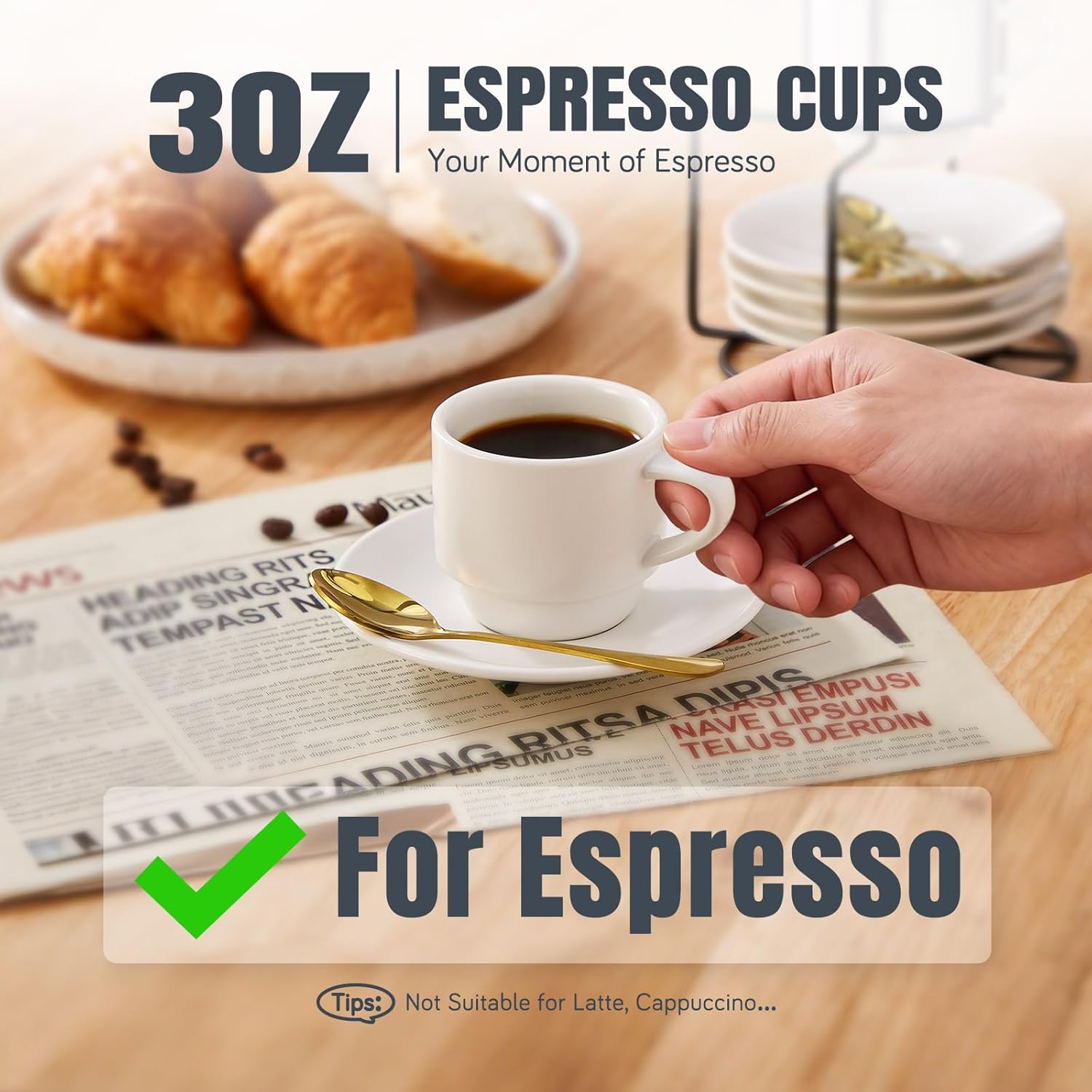 Lareina Porcelain Stackable Espresso Cups with Saucers, Spoons and Metal Stand, 3 Ounce Small Coffee Cups Set of 6 - Ceramic Demitasse Mugs, White