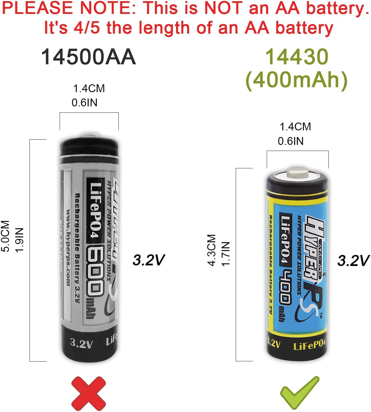 (20-Pack) HyperPS 3.2V LiFePo4 14430 (14 x 43mm) 400mAh Rechargeable Battery for Solar Panel Light, Tooth Brush, Shaver, Flashlight