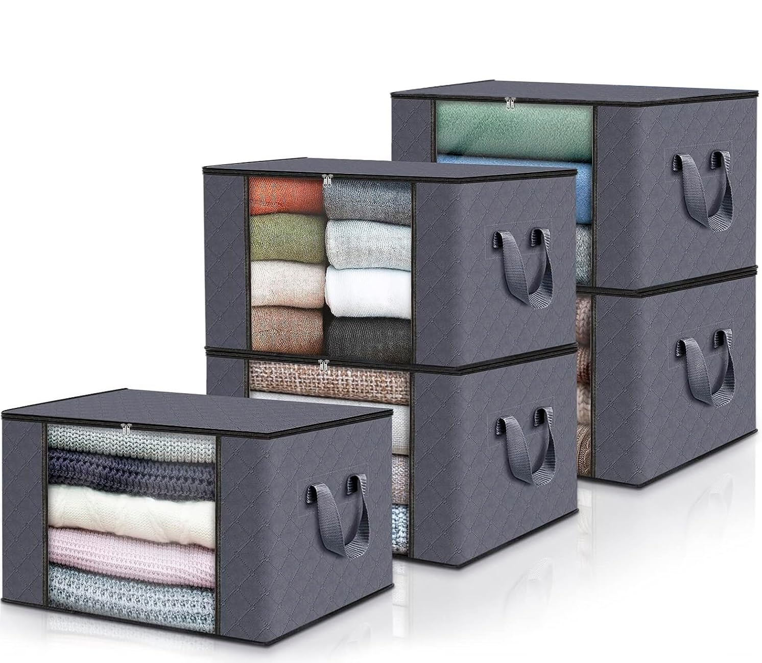 edihome, Clothes Storage Bag, (5 pieces), Wardrobe Organiser, with Reinforced Handles, Heavy Duty Cloth Pouches with Transparent Window (Dark gray, Pack of 5)