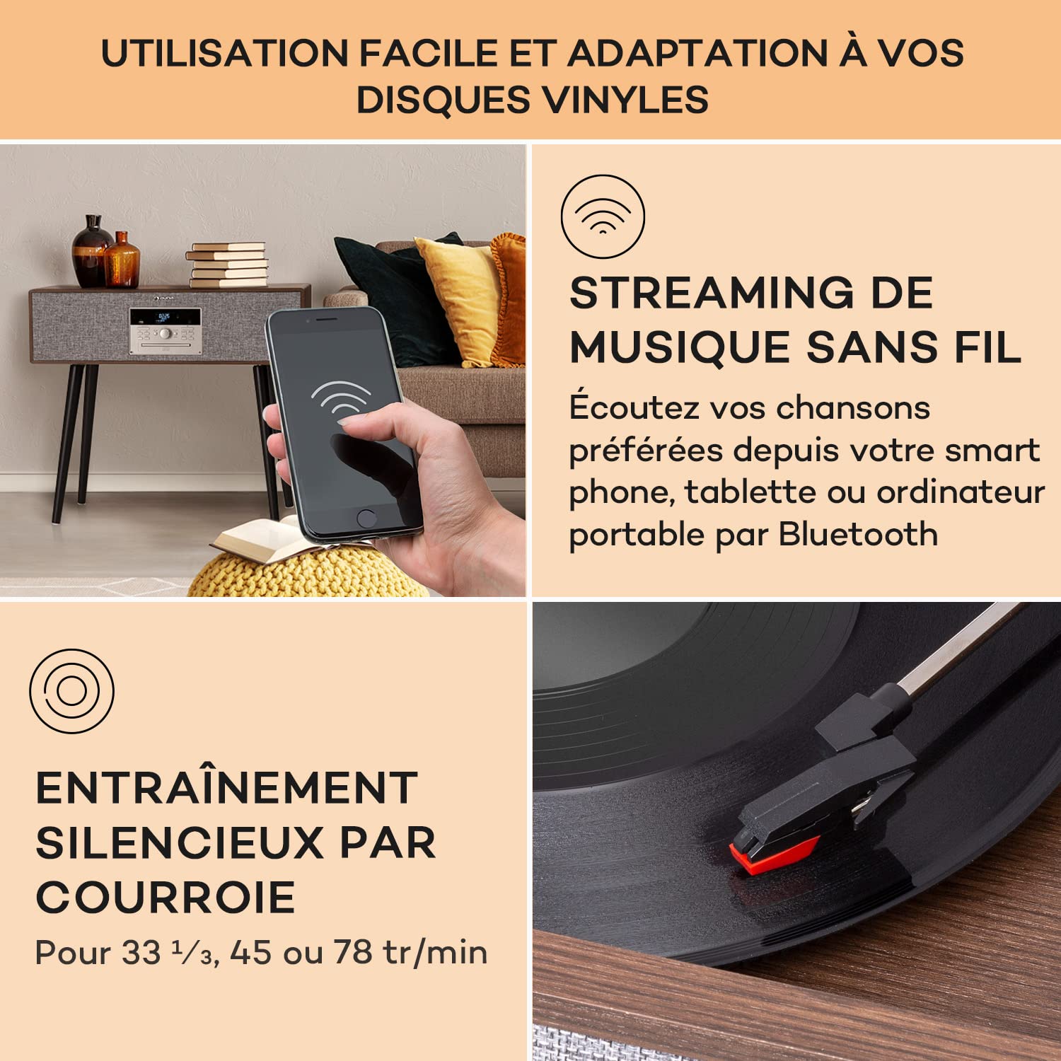 Auna Platine Vinyle Bluetooth, Tourne Disque CD, USB, DAB+, FM Radio Avec Haut-Parleur, Tourne-Disques Audio 33 Tours, Chaîne HiFi, Lecteur Vinyles, Télécommande
