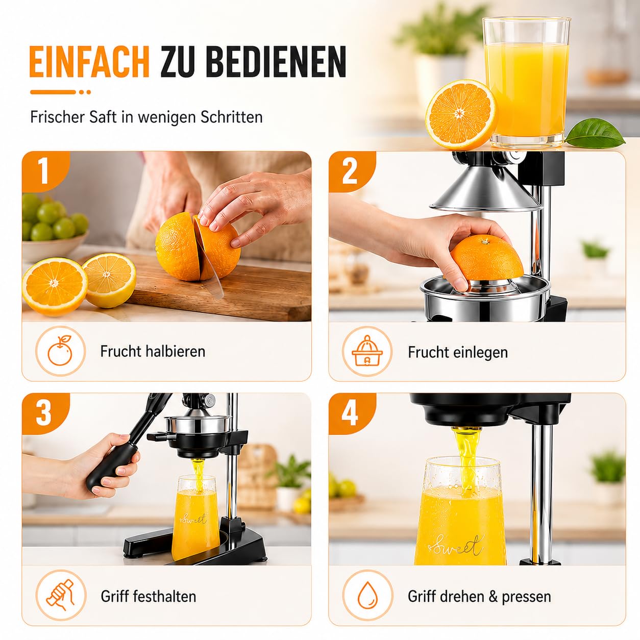 Manuelle Saftpresse Edelstahl 304, 48 cm, mit 2 Pressaufsätzen | Für Orangen, Zitronen, Granatäpfel, Apfel- und Birnenstücke; hoher Auslauf für Becher, stabile Saugfüße