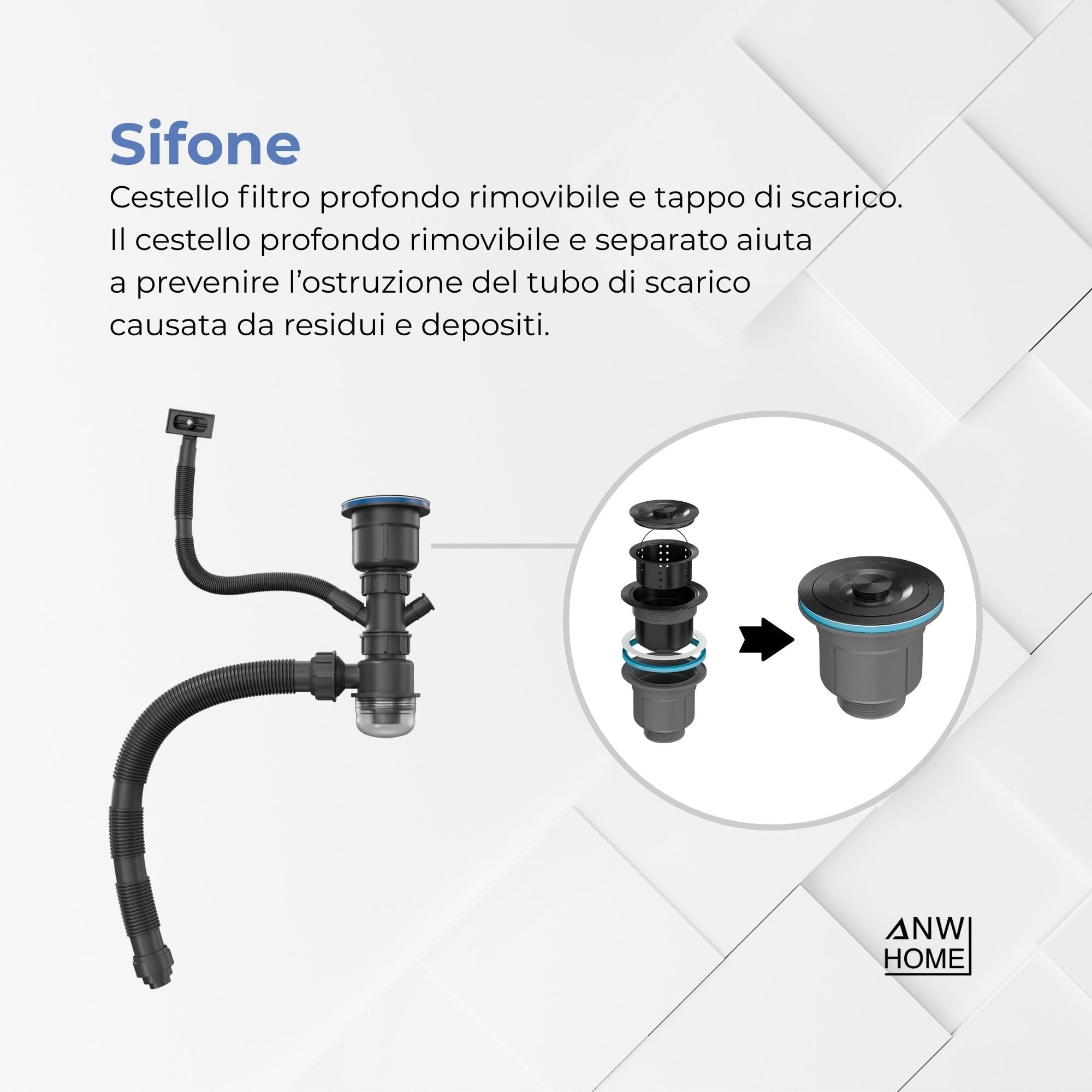 ANW HOME Lavello Cucina 1 Vasca Lavandino Cucina Acciaio Inox 304, Lavello da Incasso o Sottotop 37x45 cm Grafite PVD, Rivestimento Nano, Spessore 3,0+1 mm, Profondità 22 cm, con Sifone