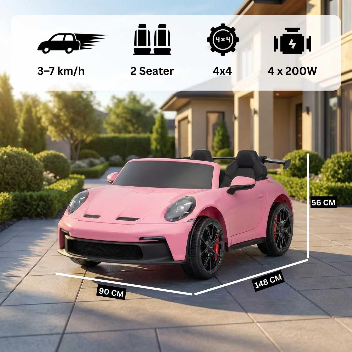 Elektrisches Kinderauto Porsche 911 24V mit 4x4-Antrieb, rosa, Zwei Sitze, 2,4-GHz-Fernbedienung, USB/AUX-Eingang, 200W-Motoren, Federung, Lithium-Batterie, LED-Leuchten vorne und hinten