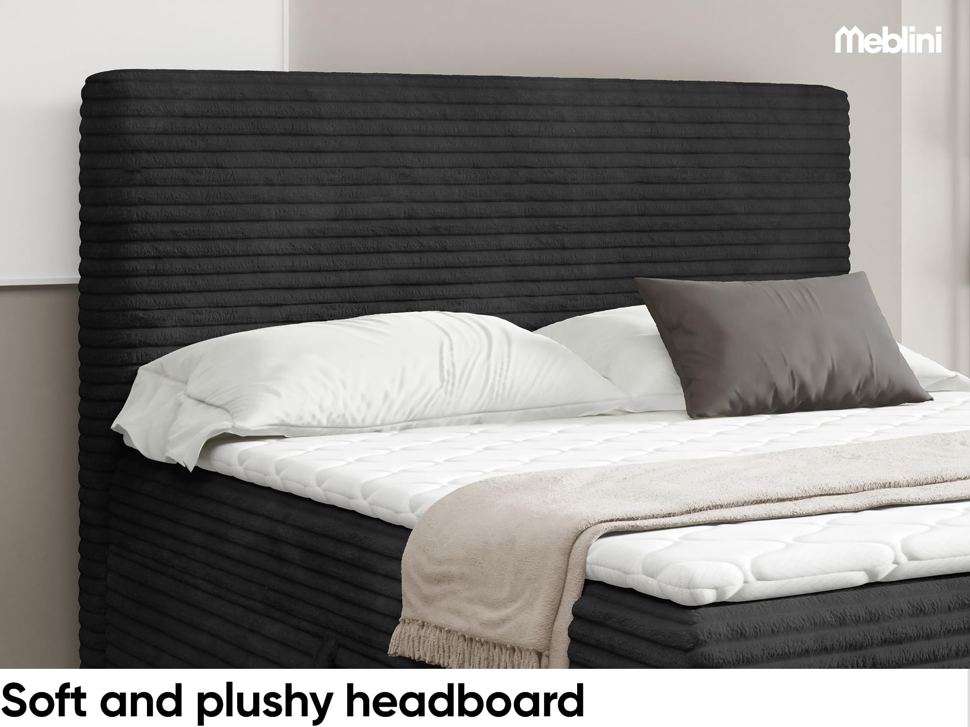MEBLINI Boxspringbett mit Bettkasten - 120x200 - H3/Schwarz Cordstoff - Talia - Gepolstert Doppelbett mit Matratze und Topper - Polsterbett mit Stauraum - Bett mit Kopfteil - Stauraumbett