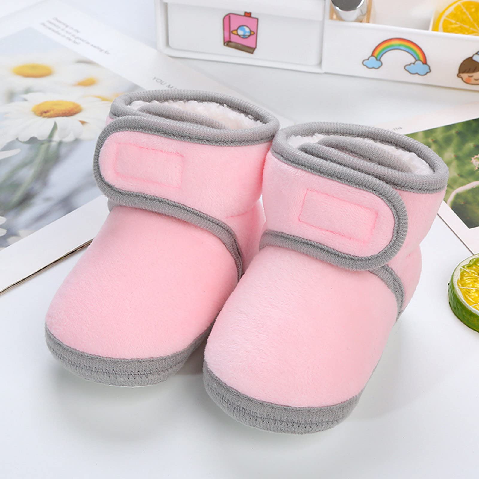 Baby Fleece Booties Cozy Soft Warm Shoes Infant Girl Boy Anti-Slip Boots Prewalkers Winter Boots Fashion Slippers Shoes (Pink, 6-12 Months)
