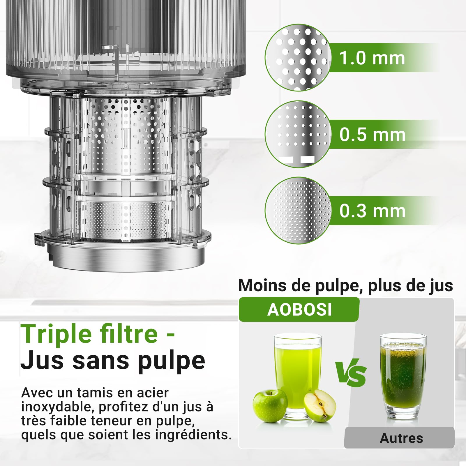 AOBOSI Extracteur de Jus à Froid 200W, Grande Ouverture 135 mm, Centrifugeuse Silencieuse avec Vis Sans Fin 8 Étages, Triple Filtration