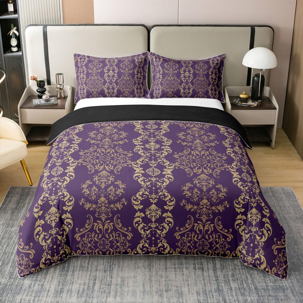 Parure de lit 200x200 boho victorienne violette et or