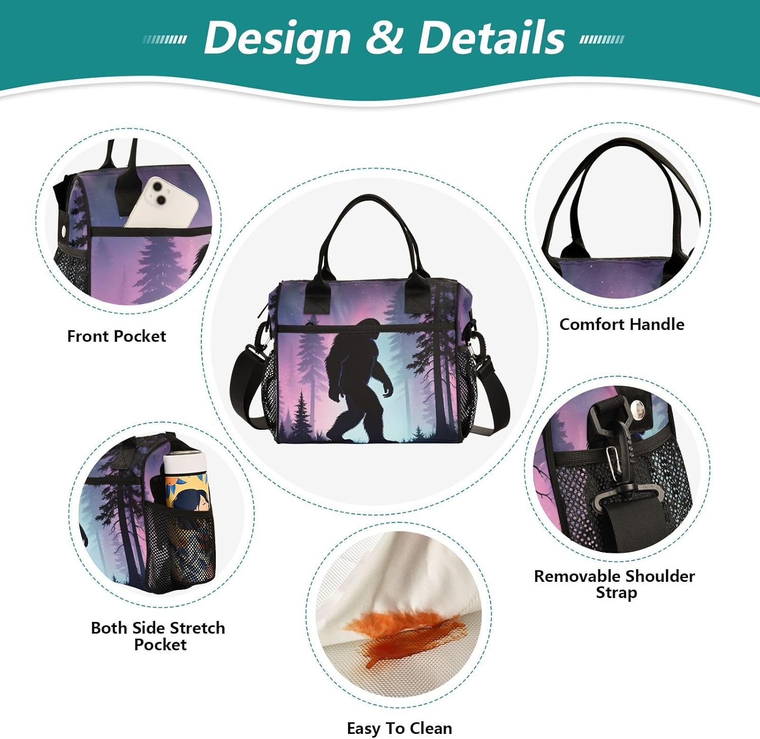 Aurora Sasquatch Lunch Bag Insulated Reusable Leak-proof Lunch Box Cooler Bag with Thermal Aluminum Lining Detachable Shoulder Strap Small