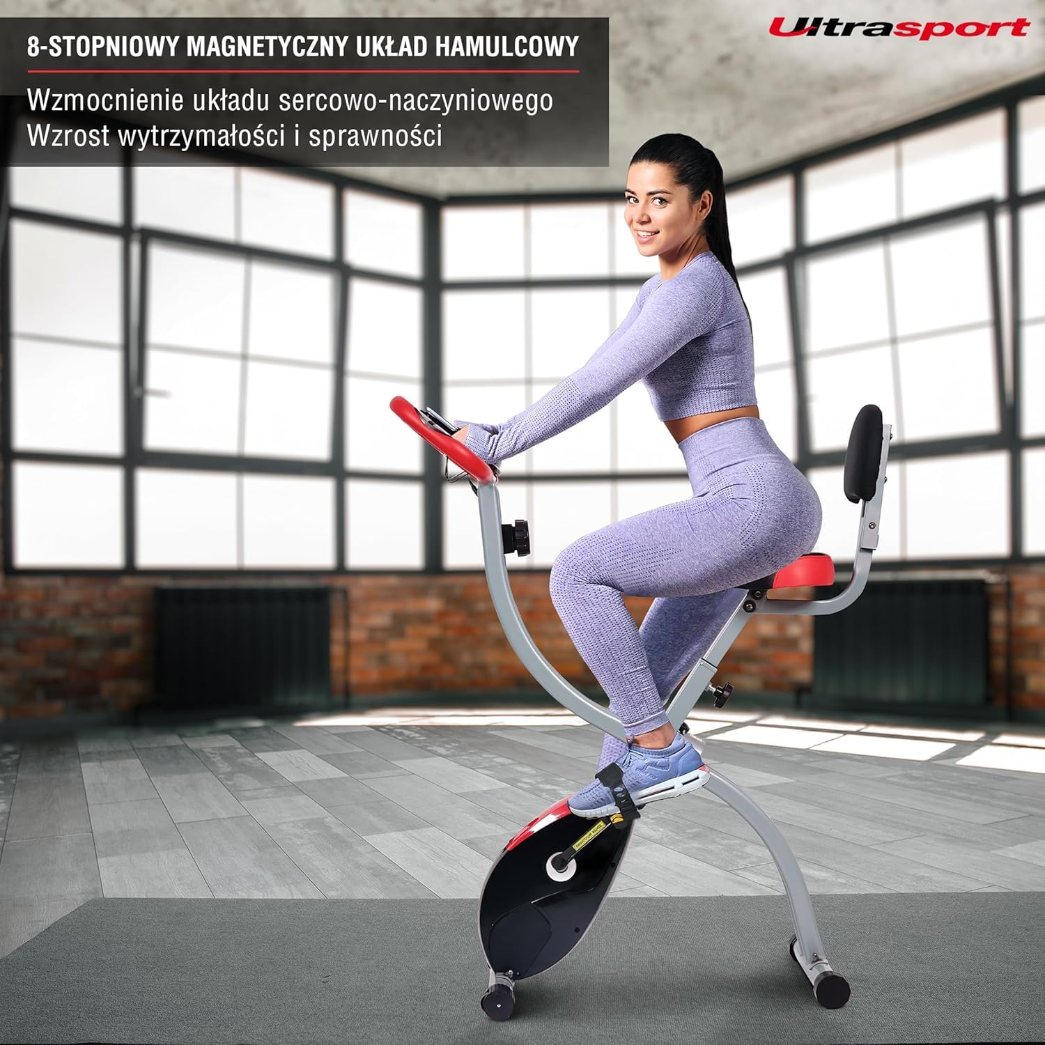 Ultrasport F-Bike Curved rower treningowy składany, rower domowy, składany, z wygodnym siodełkiem, ergometr, rower domowy, rower fitness, czarno-czerwony