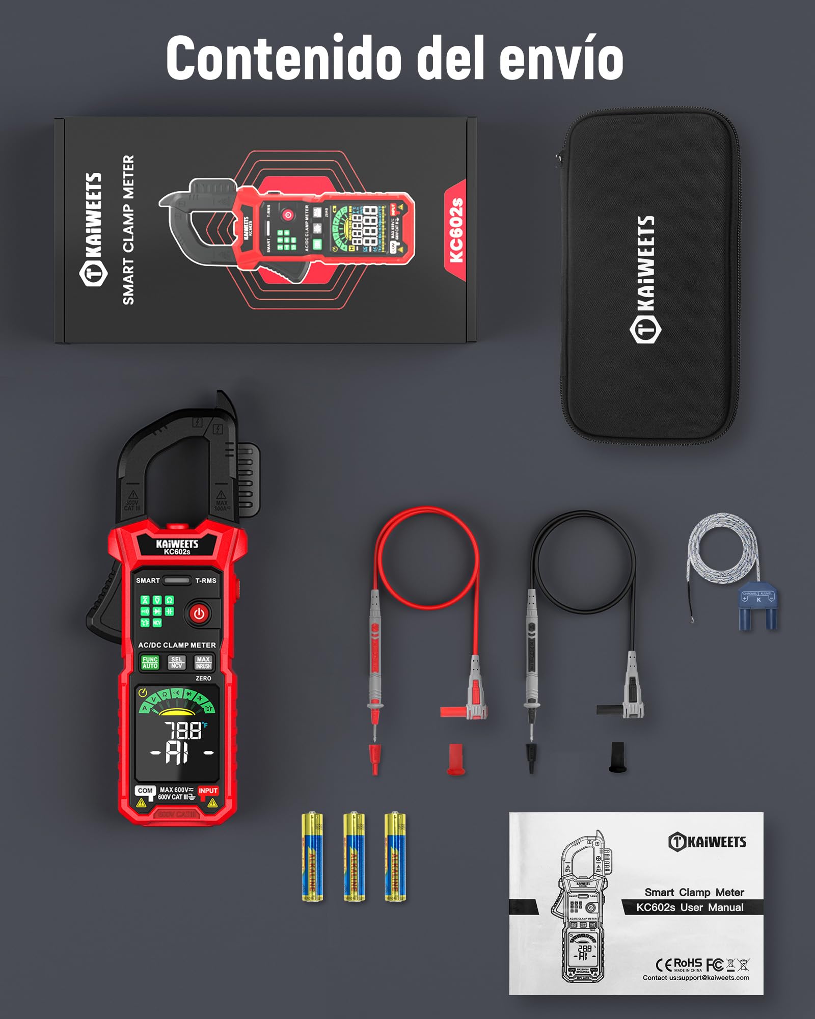KAIWEETS Tenazas de corriente 600A TRMS, calibrador de corriente digital, 6000 cuentas, CA/CC, NCV