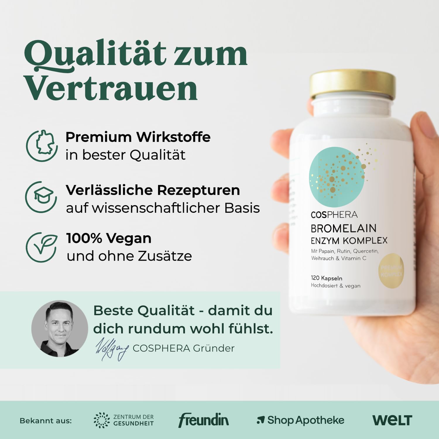 Bromelain hochdosiert 5000 FIP - 6-in-1 Ananas Enzym Komplex mit Papain, Quercetin, Weihrauch, Rutin & Vitamin C - 120 Magensaftresistente Kapseln (2 Monate) - Vegan & Made in Germany von COSPHERA®