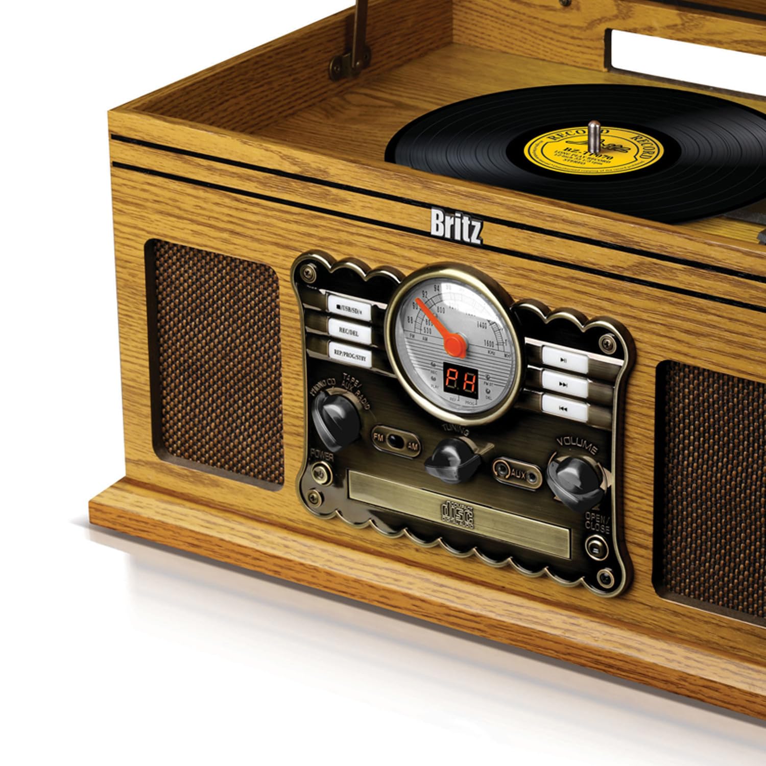 Tourne-Disque Stéréo - Britz - 50W- 33/45/78 Tours - Lecteur CD/Casette, USB SD/Bluetooth Radio FM/Look Retro, Ampoule