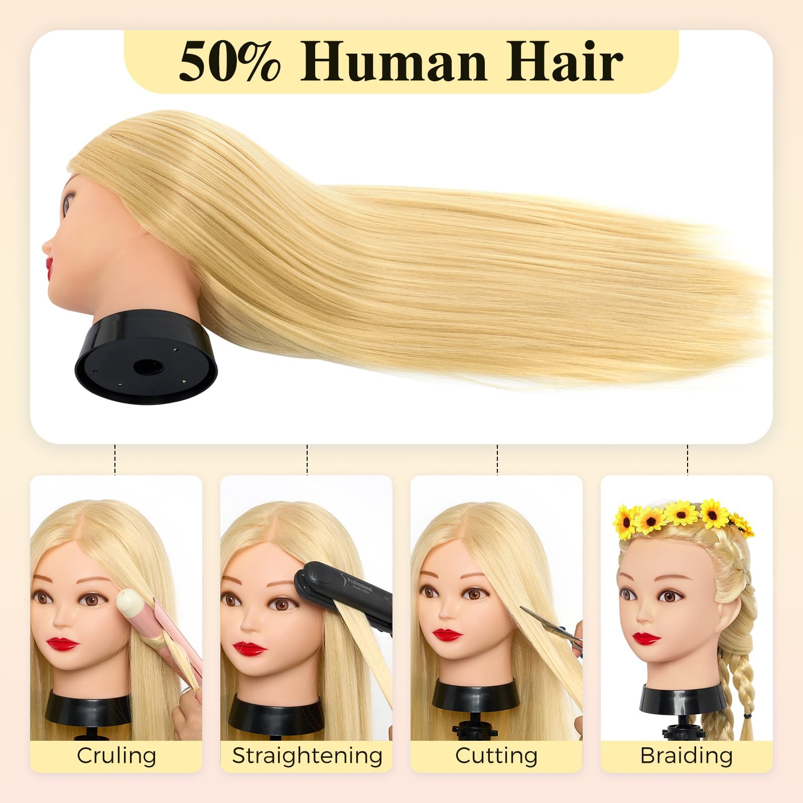 Głowica fryzjerska ze stojakiem, 50% naturalne włosy, Neverland, głowa do ćwiczeń, 66 cm, fryzury, główki treningowe dla fryzjerów, uchwyt na blond it + zestaw do samodzielnego wykonania włosów