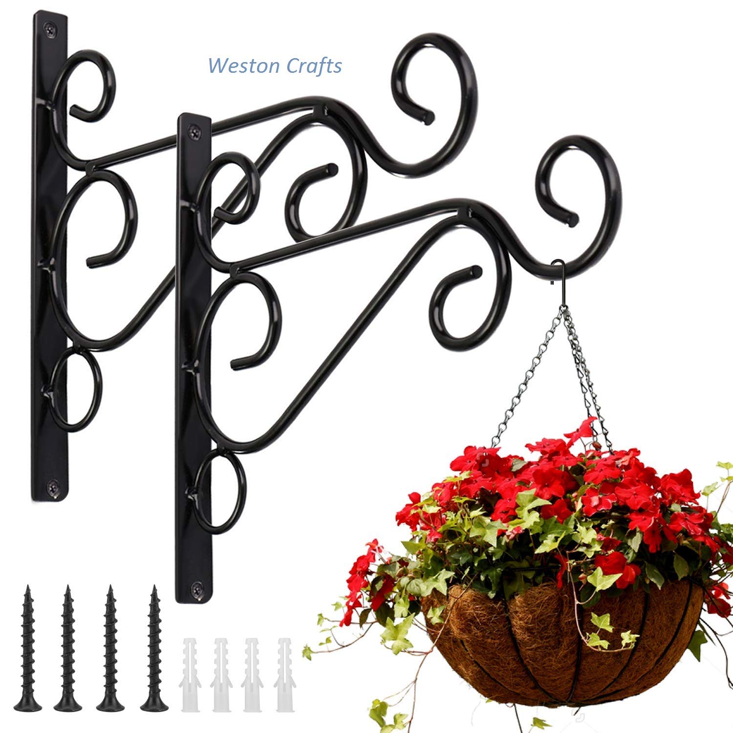 Weston Crafts 2 Black Iron Plant Hanging Hooks Wall Brackets for Planter Bird Feeder Lanterns Wind Chimes with Screws-image-42