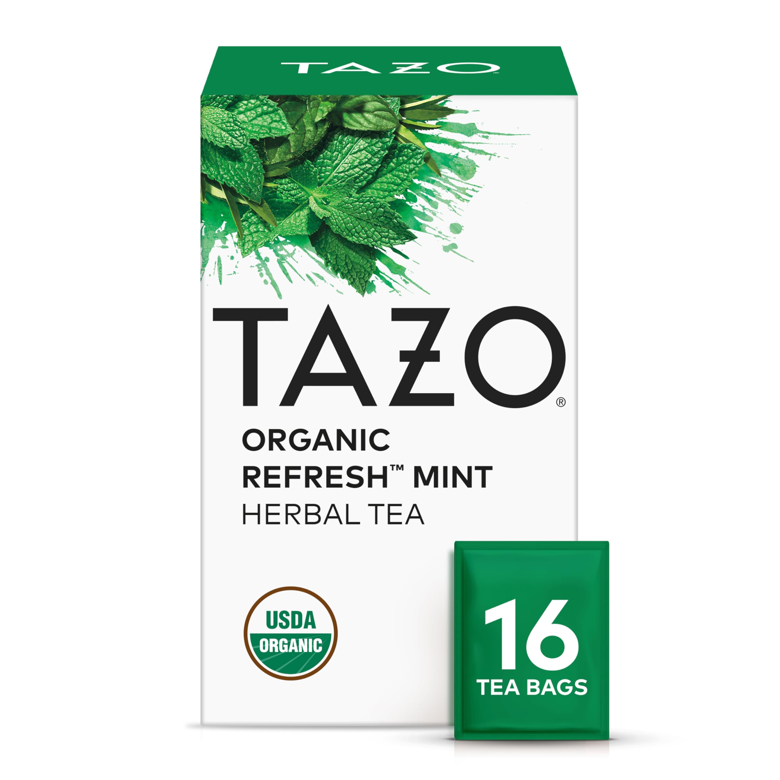 TAZO Organic Refresh Mint Herbal Tea Bags with Peppermint and Spearmint, Caffeine Free, 16 Total Tea Sachets