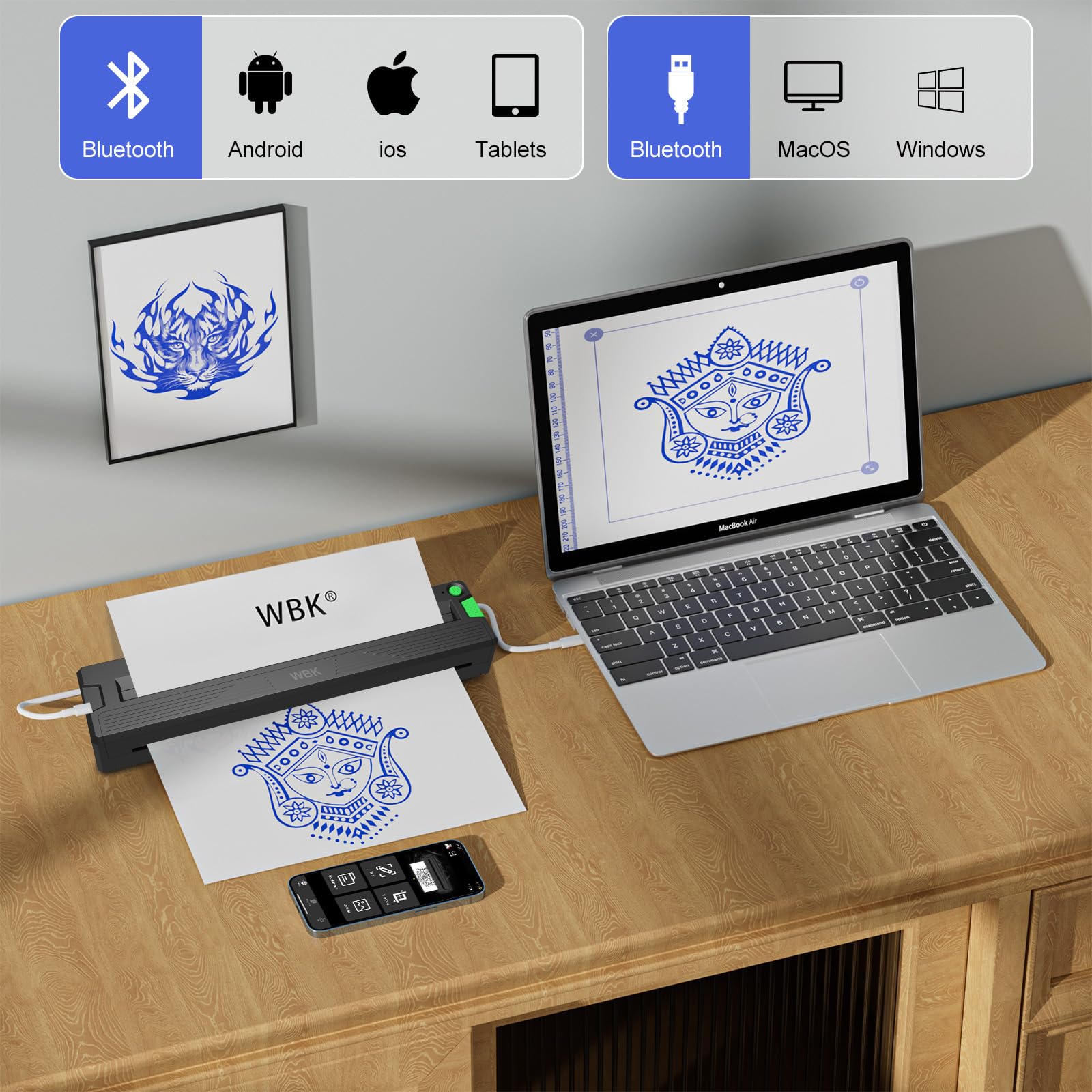 Stampante per tatuaggi, compatibile con telefono/pc, per principianti e artisti, portatile, wireless, Bluetooth, termica, senza inchiostro, con 10 fogli di carta di trasferimento per tatuaggi (nero)