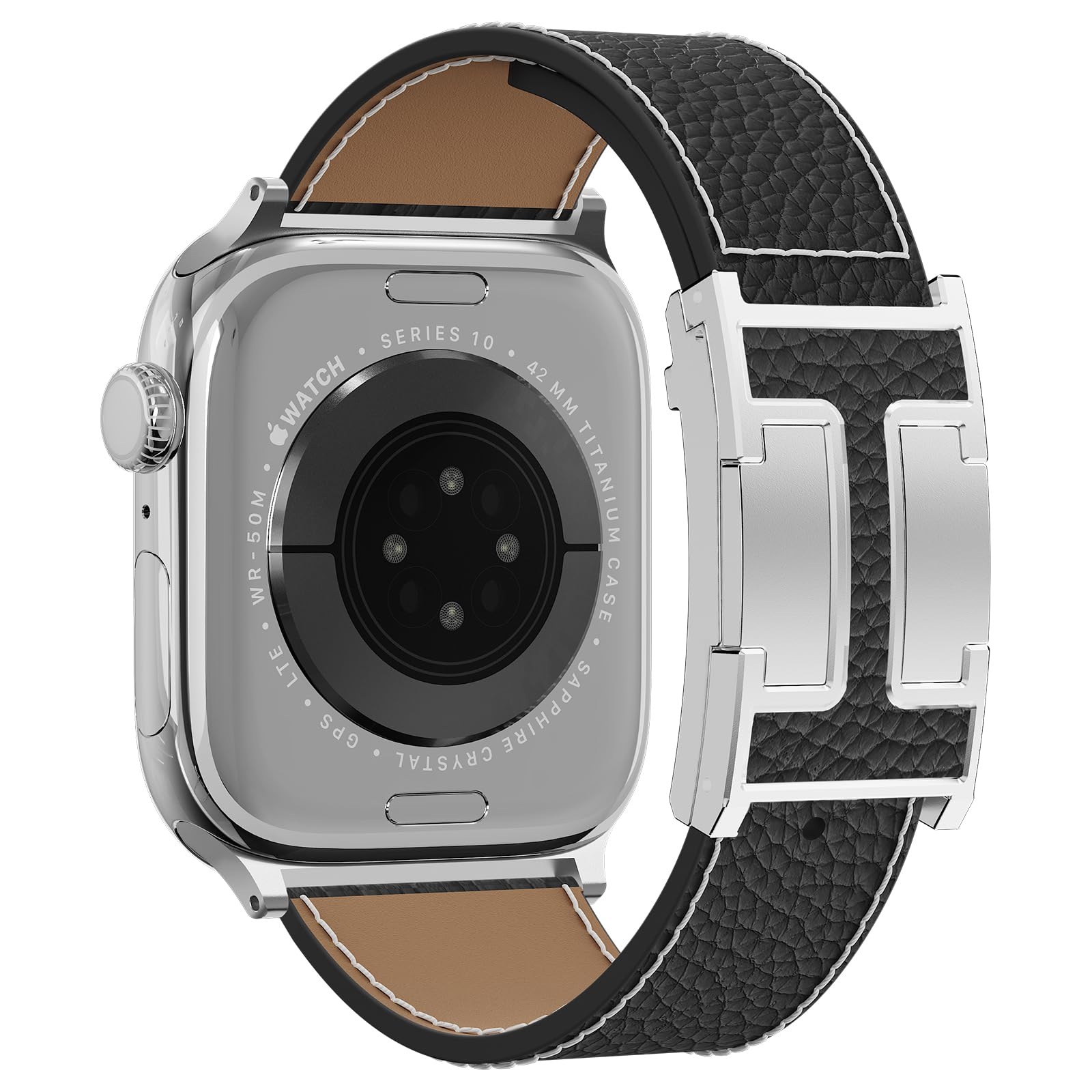 Leather Watch Band with Magnetic Buckle,Dressy Apple Watch Ultra Leather Band Rugged Durable Replacement Strap for Men & Women — view 14