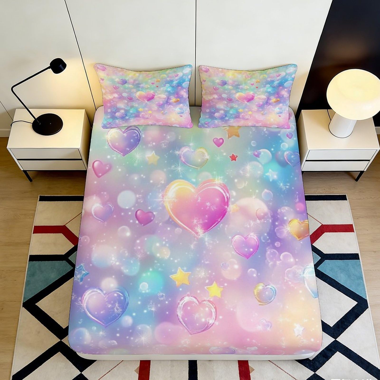 3D Printed Pastel Heart Dream Fitted Sheet Microfiber Soft Star Bubble Mattress Cover for Bedroom Dorm Decor 120x200cm 180x200x25cm