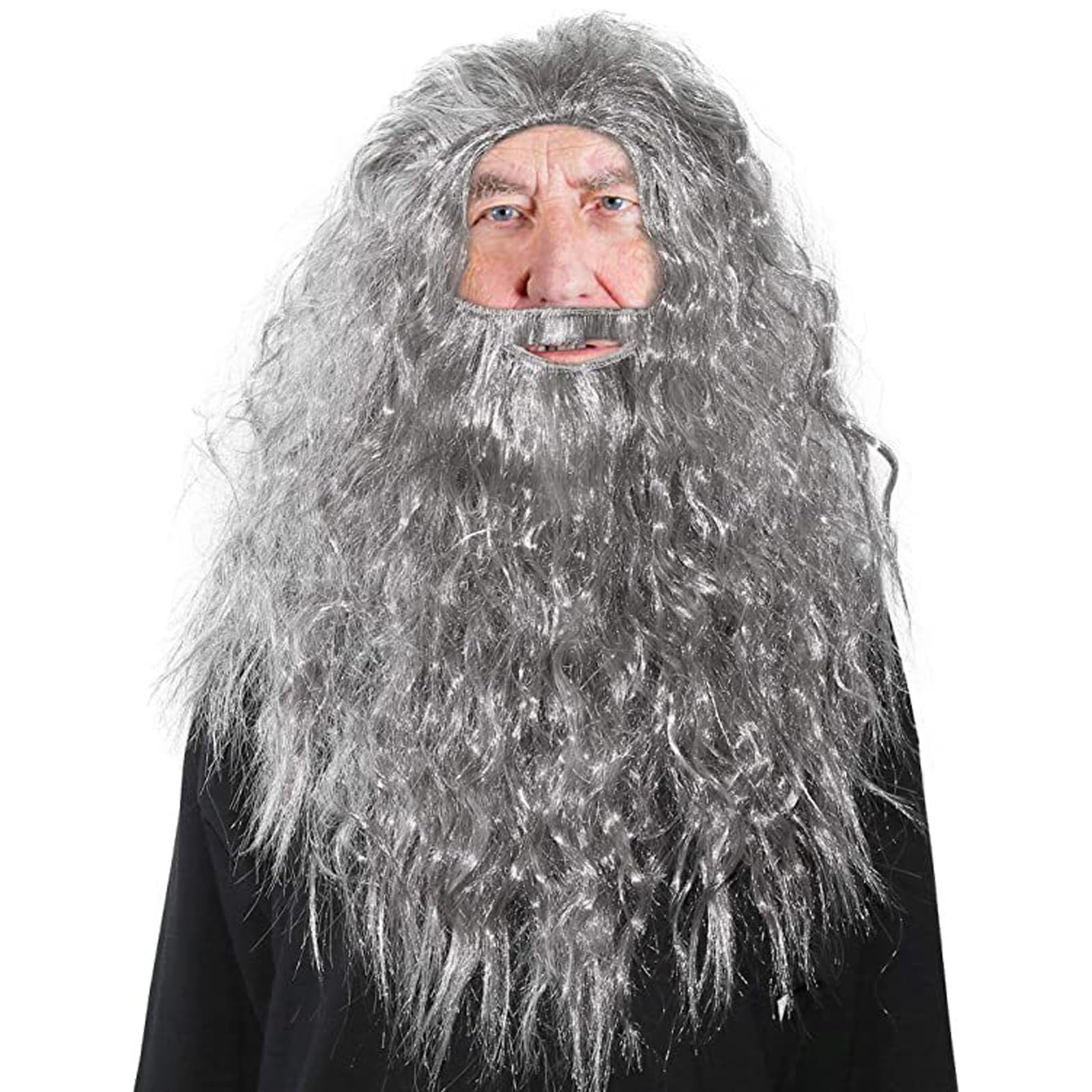 NUMJAW Grey Wizard Wig & Beard Set - Long, Wavy Synthetic Hair - One Size Fits All - Halloween Costume Accessory