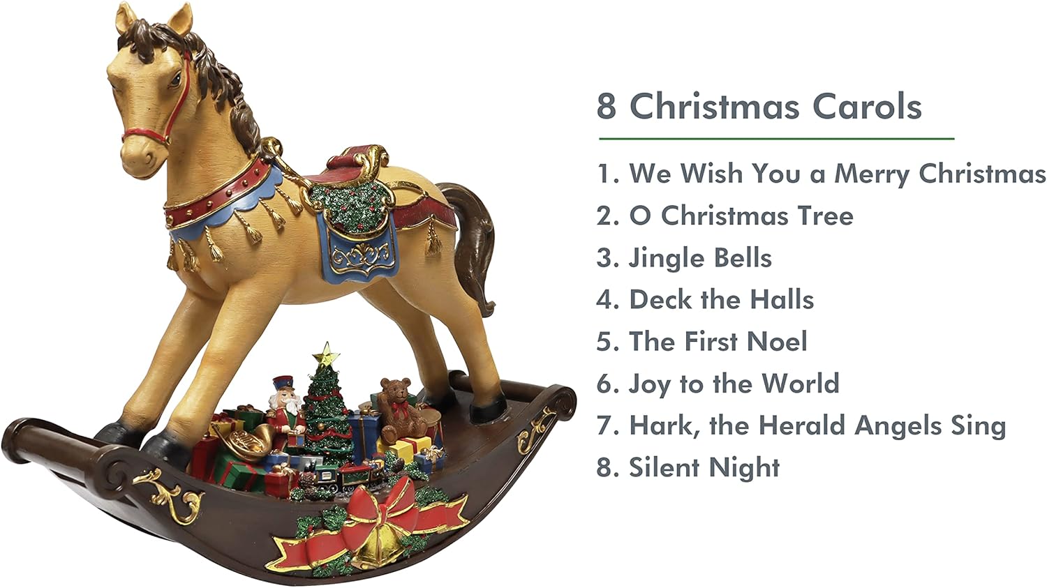 MOMENTS IN TIME Christmas Decor Rocking Horse with Santa Placing Presents Under The Christmas Tree Scene, with LED Lights and Christmas Music - Power Adapter (Included)
