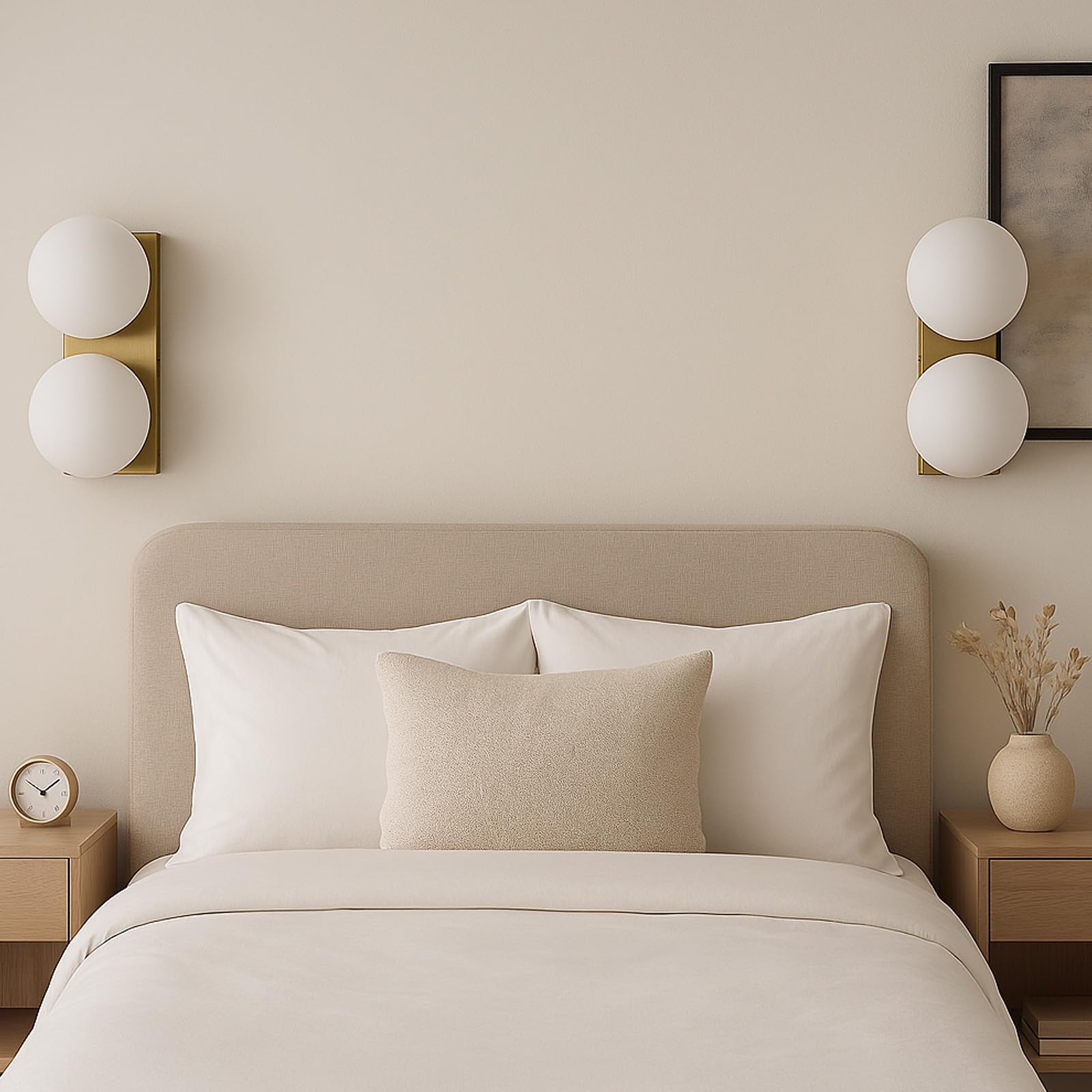 Alpinaluz Applique da parete con doppia sfera in vetro opaco Ø150 mm - Base rettangolare in metallo dorato per camera da letto, corridoio o installazione a soffitto - Attacco E27