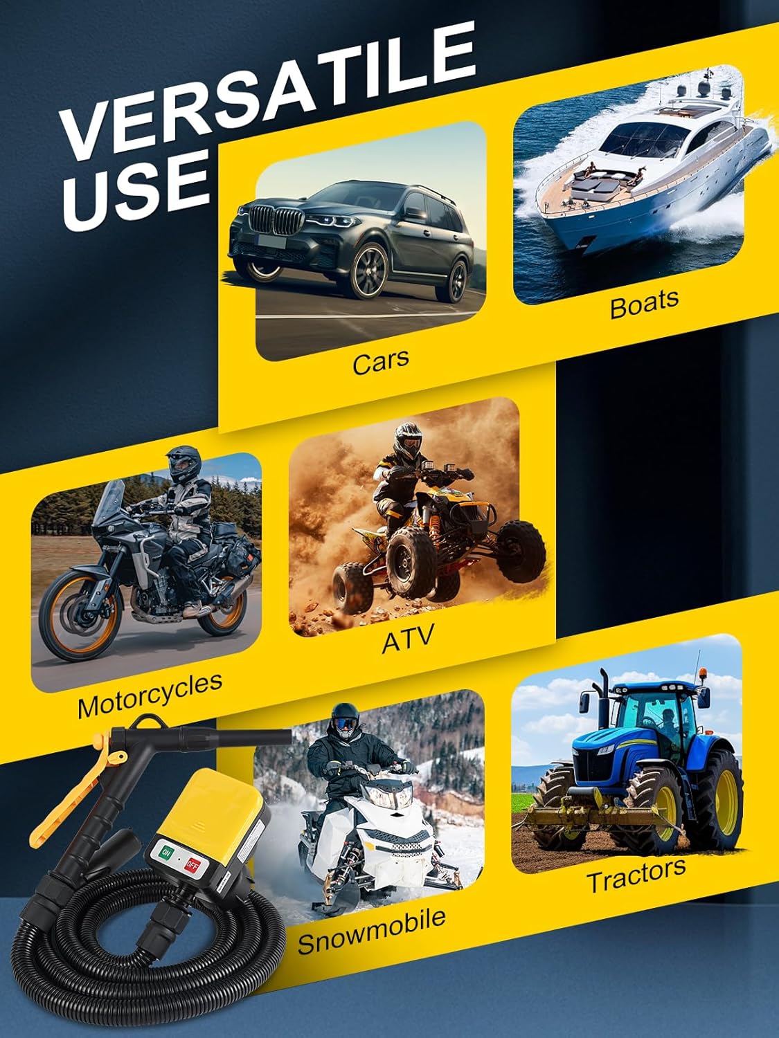 Fuel Transfer Pump with Hand Trigger Nozzle 3.2 GPM, USB Type-C & AA Battery Powered, 51" Hose Portable Cordless Liquid Pump with 4 Tank Adapters, Fast & Safe for Gasoline & Diesel Oil（Yellow）