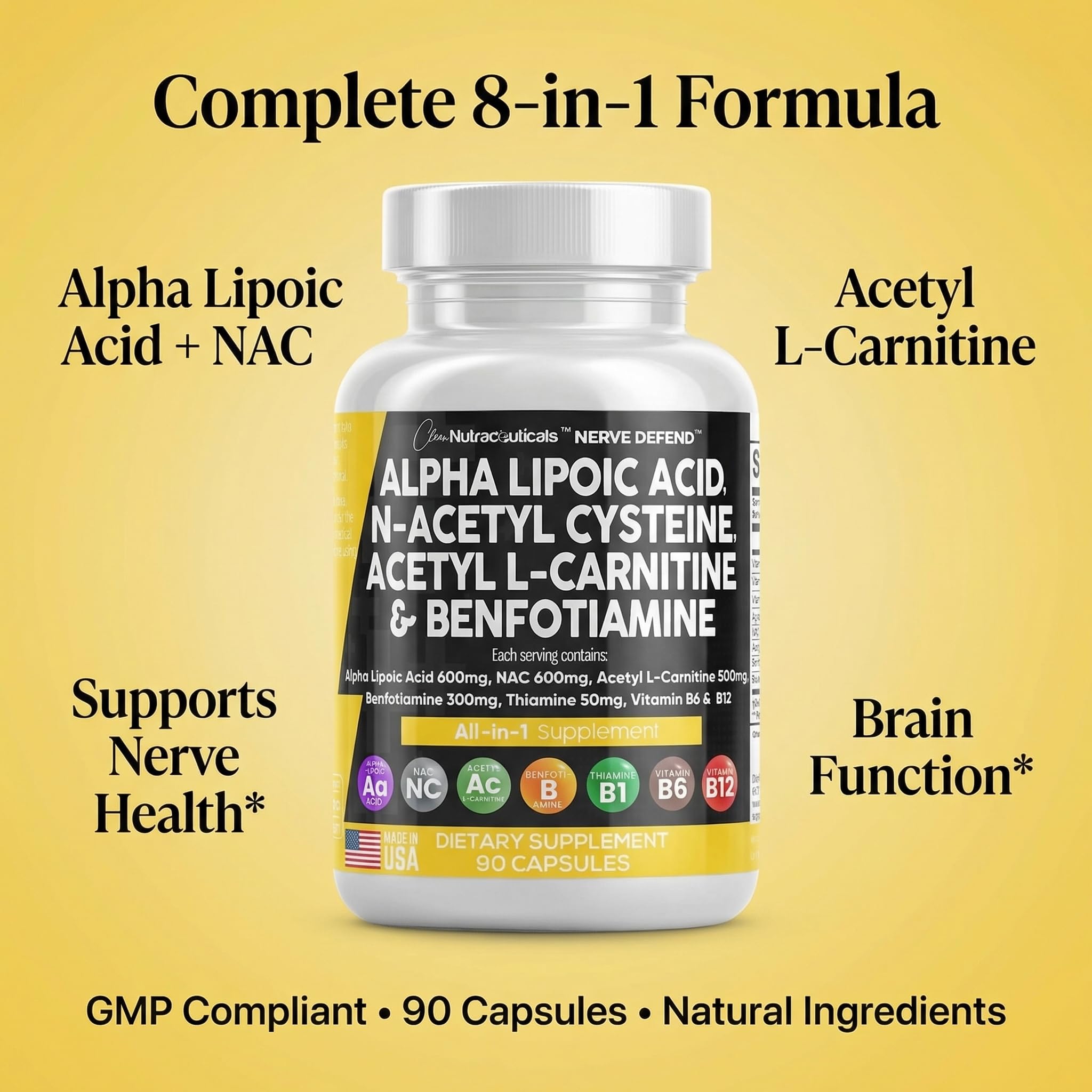 Clean Nutraceuticals Alpha Lipoic Acid 600mg N-Acetyl Cysteine 600mg Acetyl L-Carnitine 500mg Benfotiamine 300mg - Nerve Support Supplement for Women and Men with Vitamin B1 B6 & B12 90 Caps — Amazon image 8