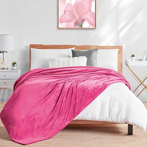 Miniatura 6 de Walensee Manta de vellón mullida, ligera (tamaño individual, de 60 x 80 pulgadas, rosa intenso) manta de franela de microfibra súper suave para sofá
