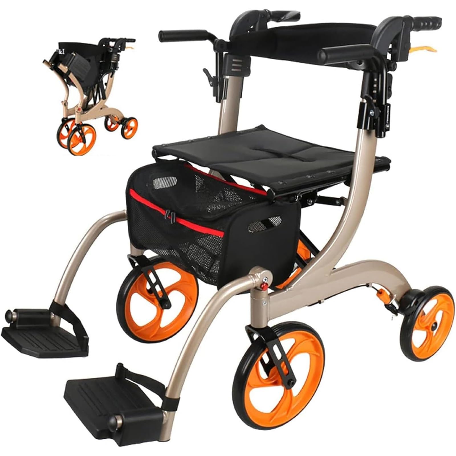 Rollator Walker with Seat Seniors 2-w-1 Rollator Walker Wheelchair Combo Transport Wheelchair Lightweight Foldable 220lb Collapsible 4 Wheel Transport Chair w/Brake Footrest Pouch