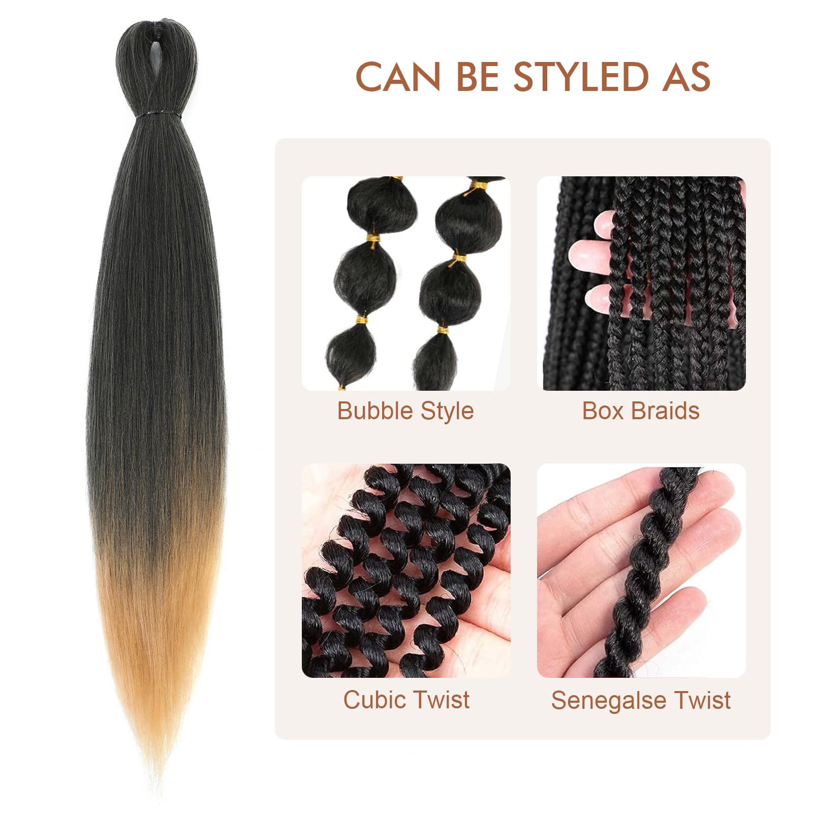 Pelo trenzado preestirado – 24 pulgadas, 8 paquetes de cabello trenzado largo rubio degradado para trenzas torcidas o de caja, extensiones de cabello sintético Yaki con ajuste de agua caliente