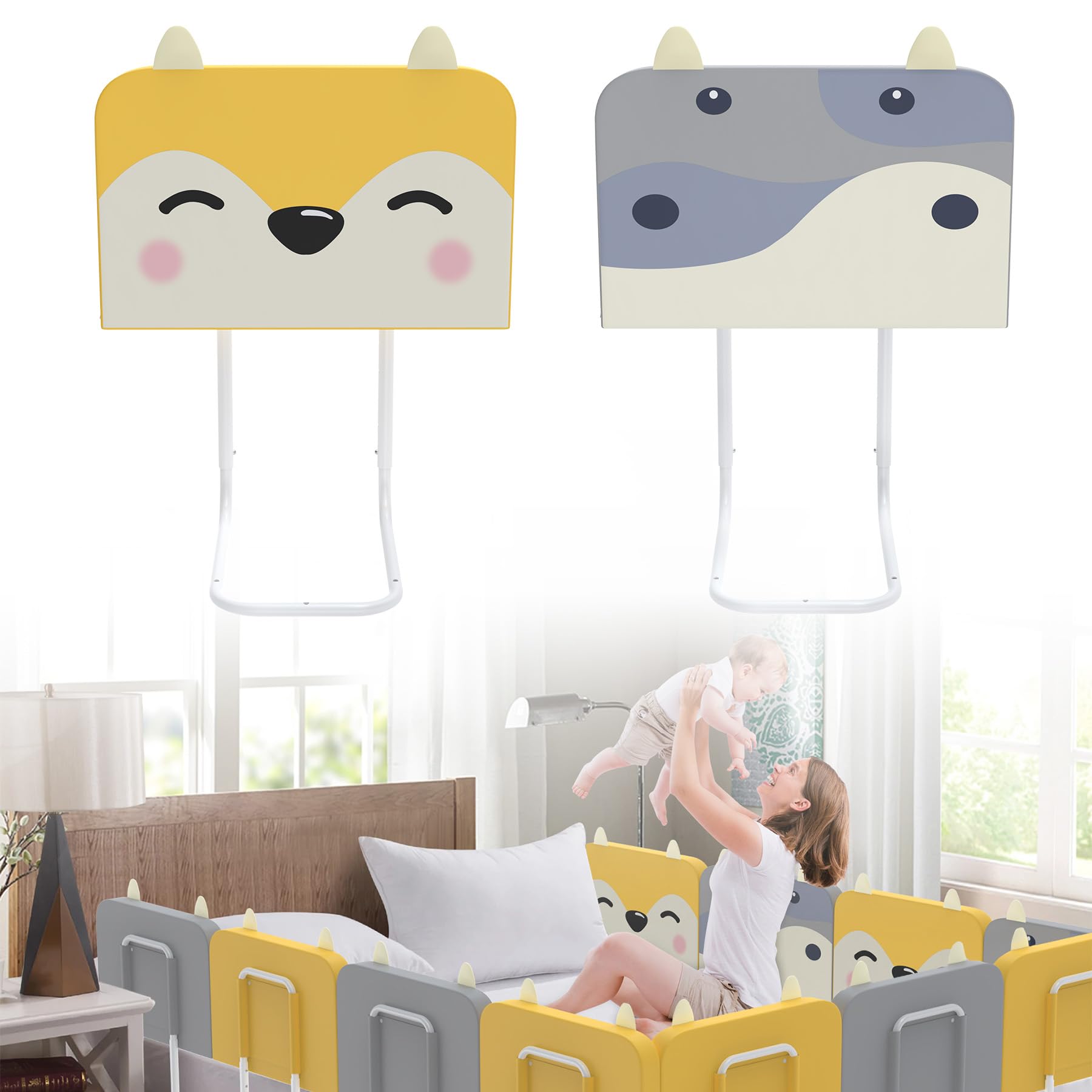 UISEBRT Sponda Letto Anticaduta 60cm Grigia Con Mucca – Regolabile Da 40 A 60cm Per Materassi 5-30cm - 3