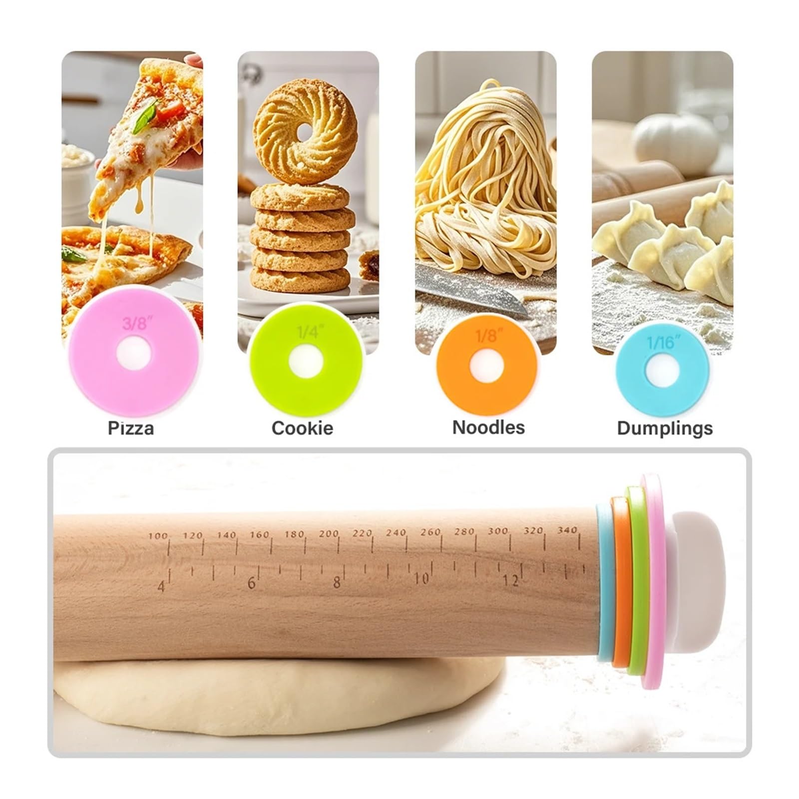 Rodillo de madera ajustable con anillos espesor for hornear pasteles Pizza juego herramienta for(17 inch)