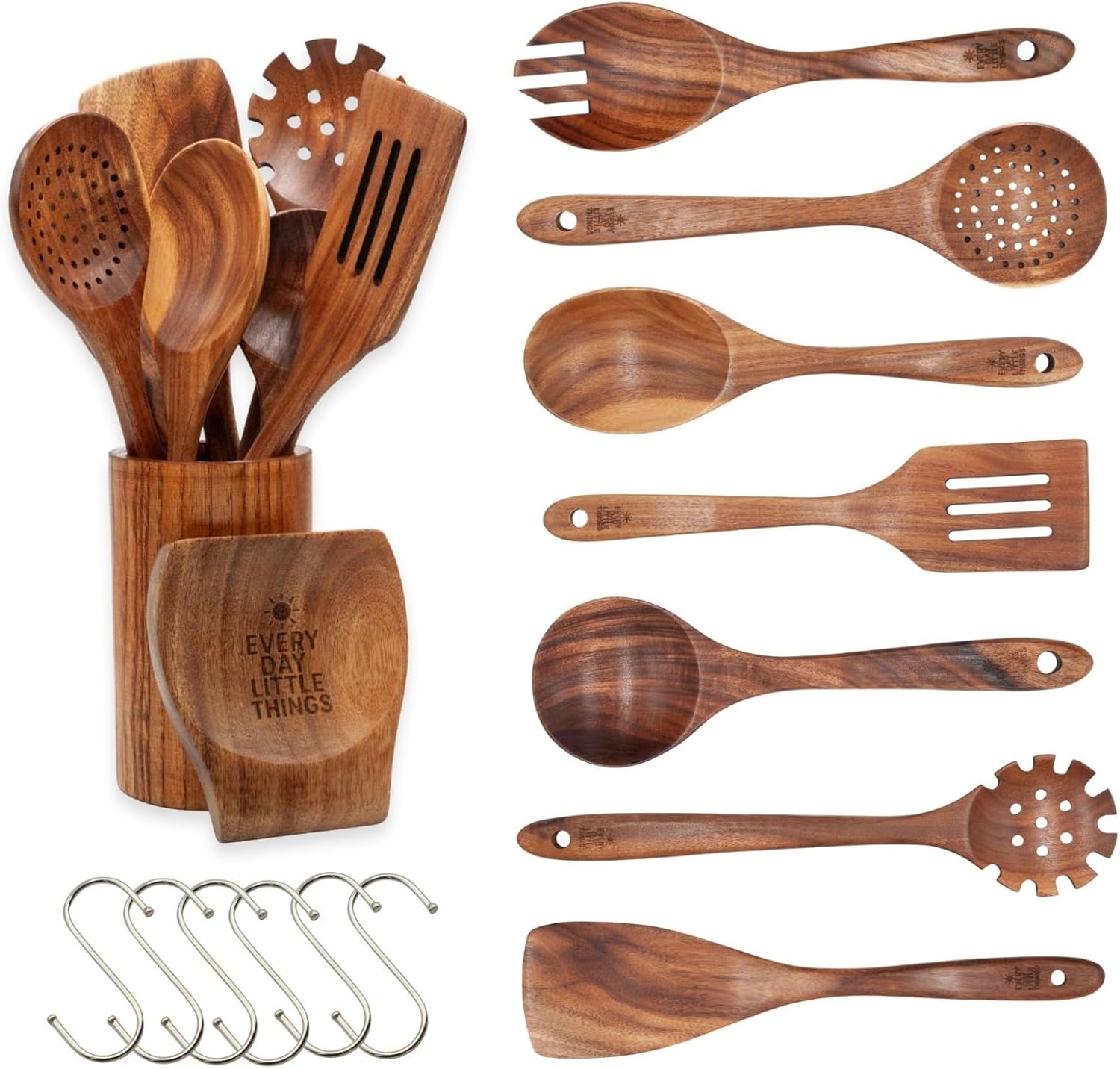 9 Piece Natural Teak Wooden Kitchen Utensil Set with Spoon Rest, Utensil Holder, Hanging Hooks, Heat Resistant, Non-Scratch Tools for Nonstick Cookware