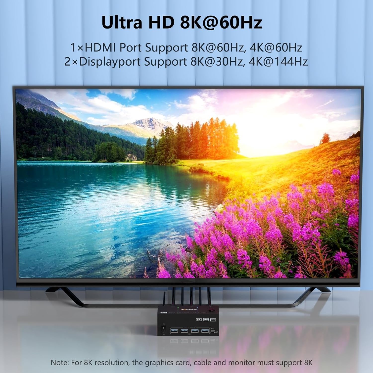 KVM Switch 3 Monitors 2 Computers 8K@30Hz/4K@60Hz, HDMI KVM Switches for 2 PC Sharing Triple Monitor and Keyboard Mouse with Power Adapter
