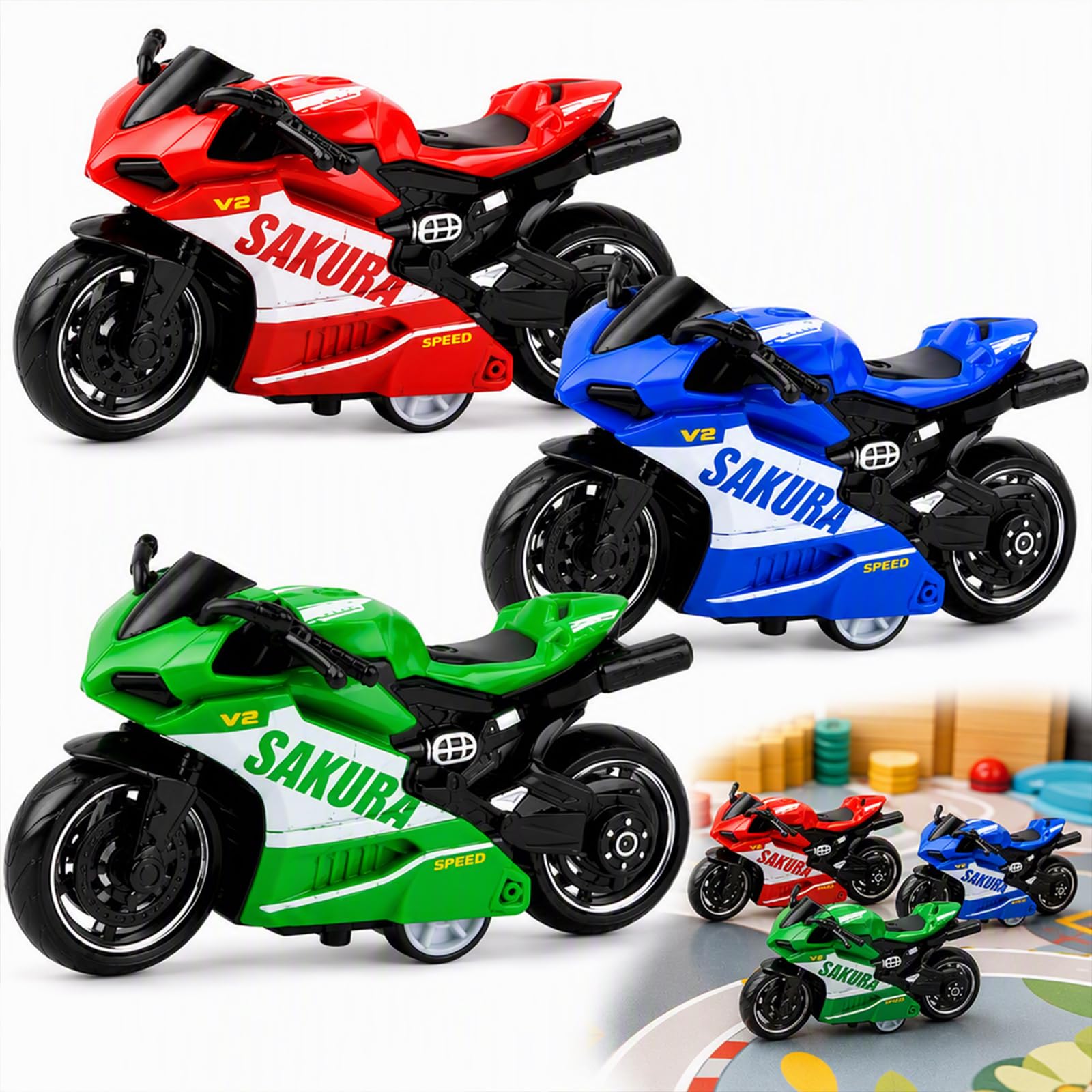 Aiiweuc 3-Pack Mini Motorbike Toy Set, Red Green Blue Toy Dirt Bikes