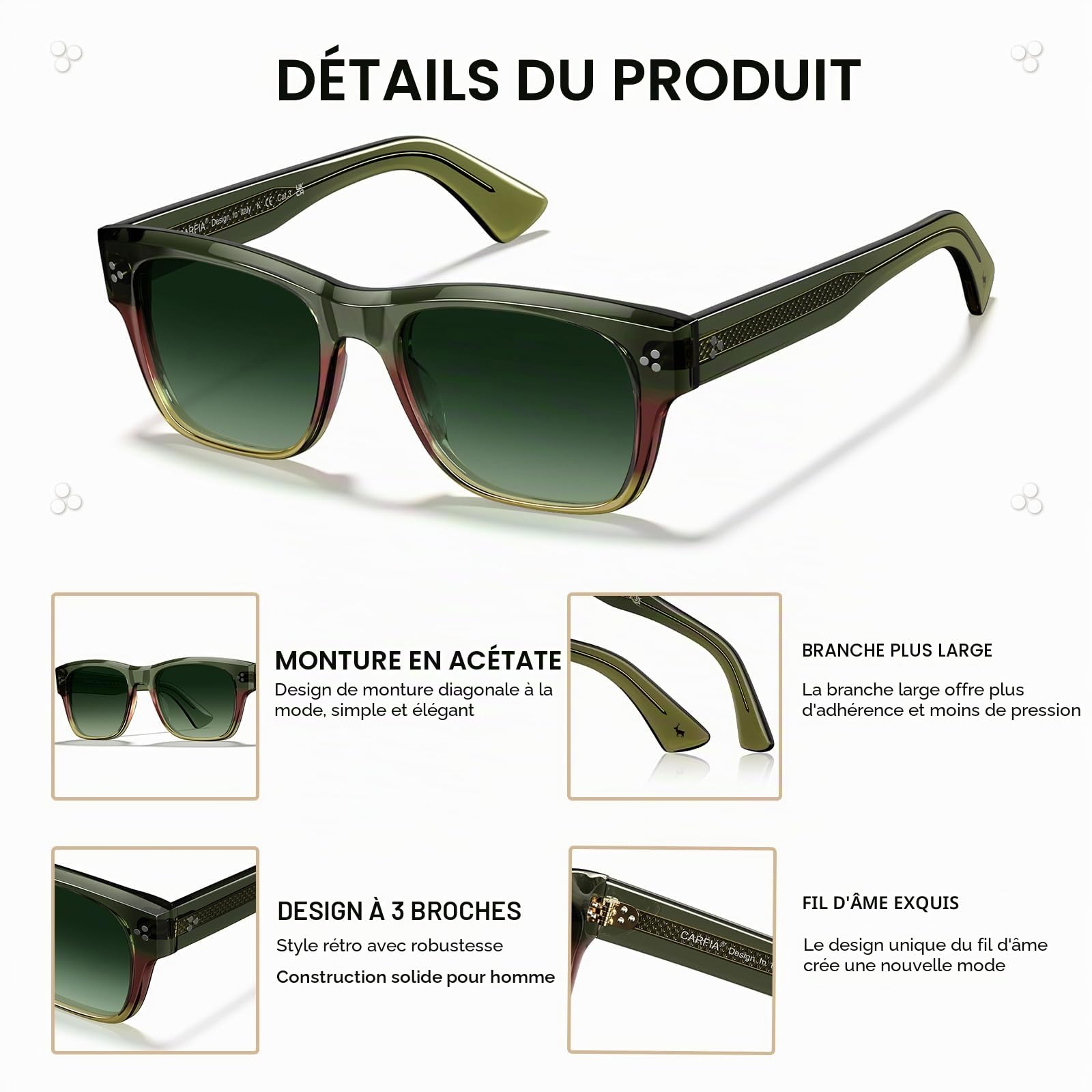 Carfia Lunettes de soleil homme polarisées, protection UV400, style rétro moderne monture en acétate verres carrés lunettes de conduite CA5509