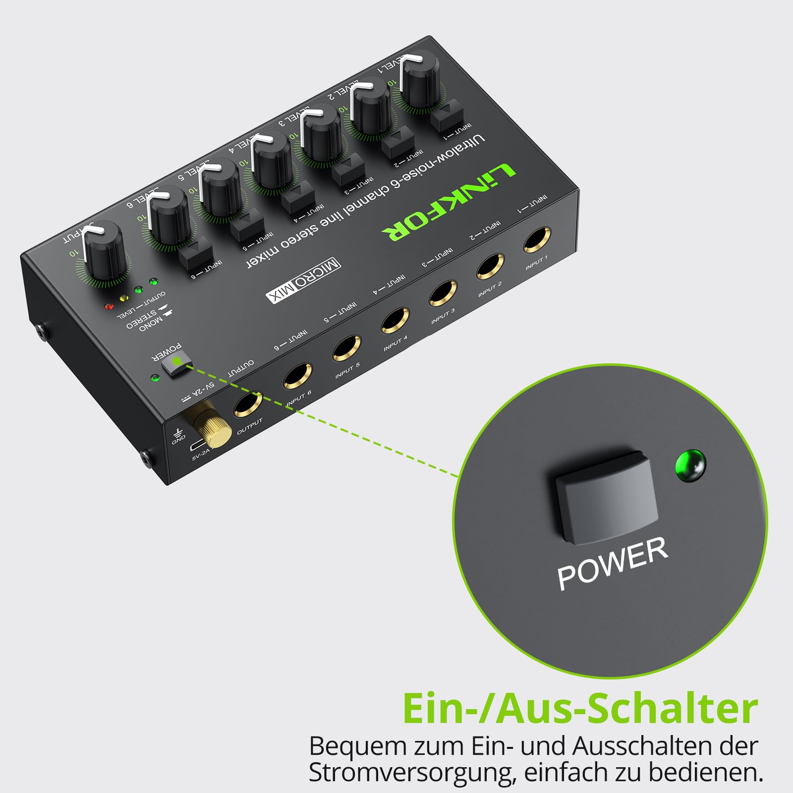 LiNKFOR 6 Kanal Mini Stereo Audio Mixer Ultrakompakter Audiomixer Unabhängige Lautstärkeregelung für Mischungen, DC 5V Type-C Mini-Audiomischer mit Netzteil Audiokabel - Ultra Niedrig Noise