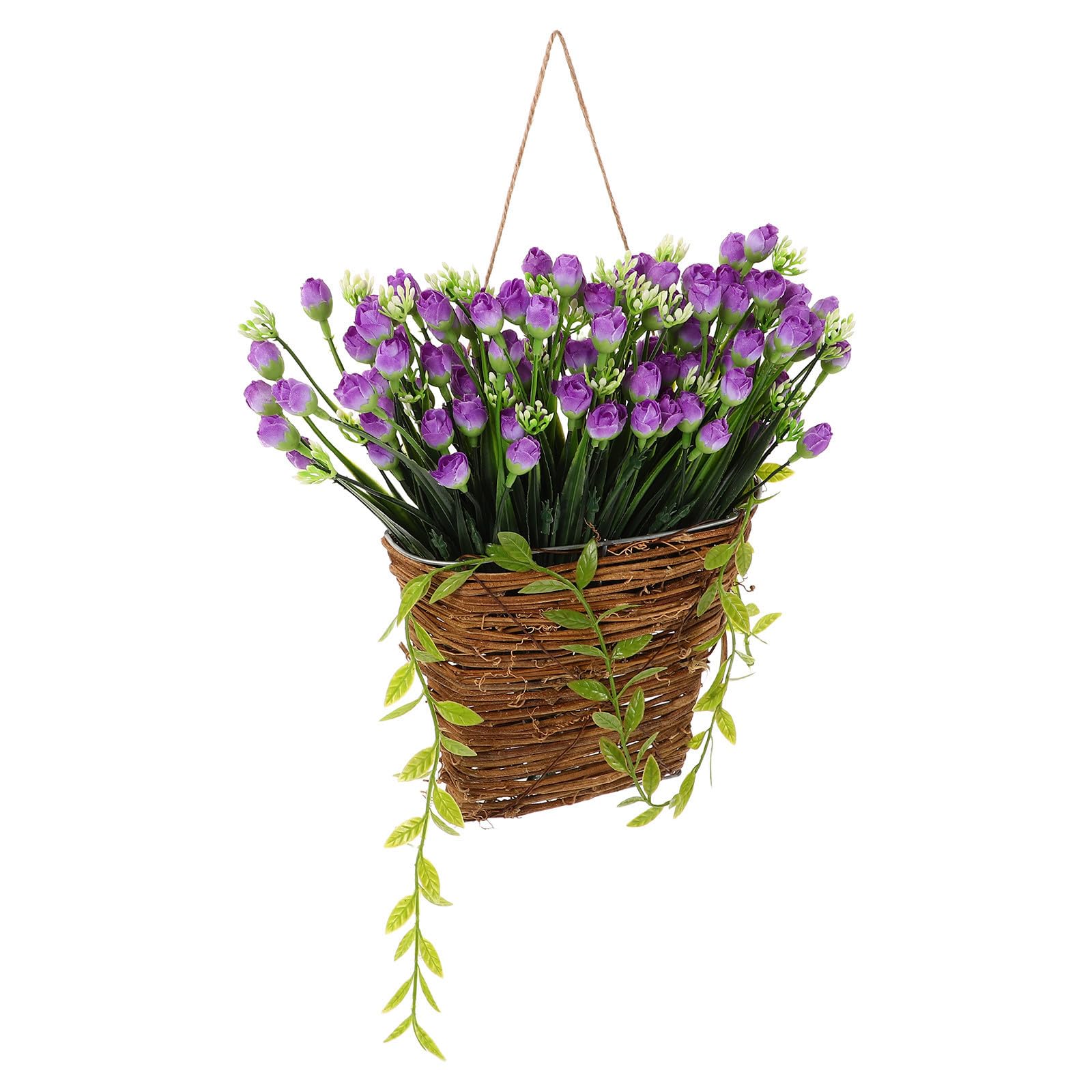 Cesta colgante de mimbre con flores de seda púrpura Toyvian para adorno de pared exterior