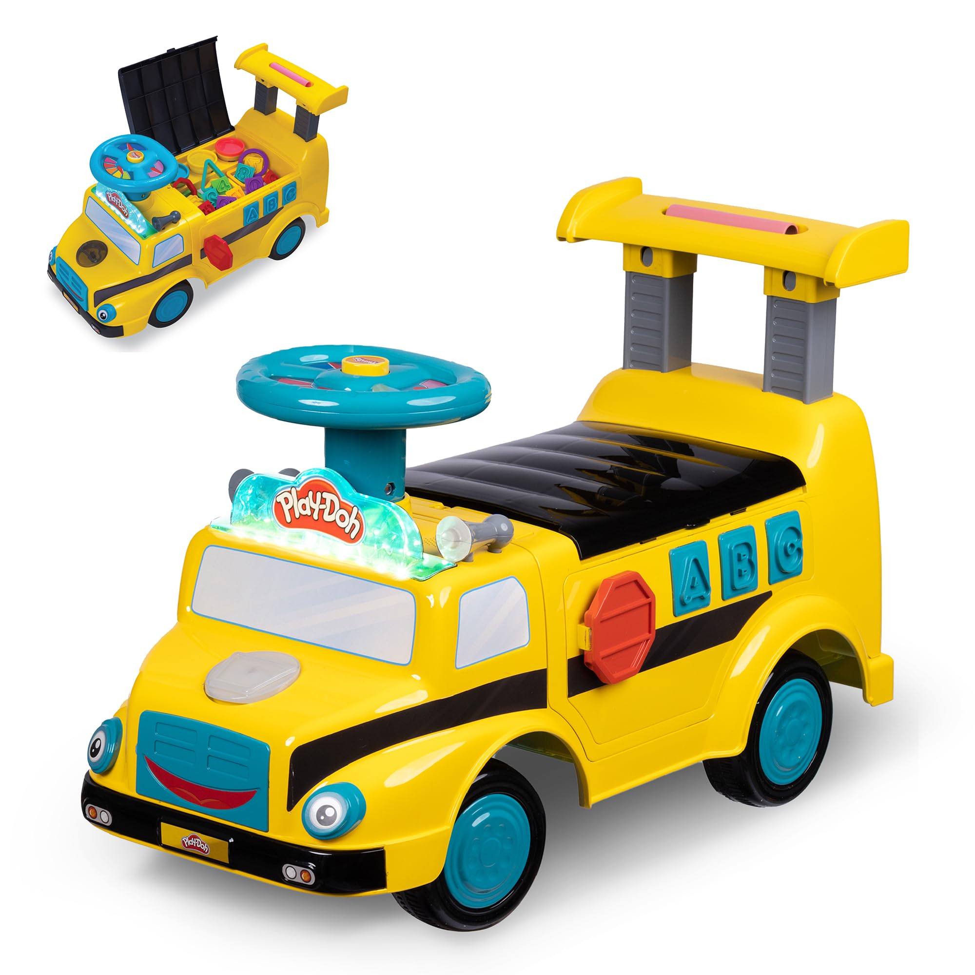 Play-Doh Activity School Bus - Push and Ride On Toy Car for Kids Up to 44 Lbs, Lights and Sounds. Includes Shape and Number Cutters, Play Doh Set, Kids Ride On Toy, Push Car for Girls and Boys