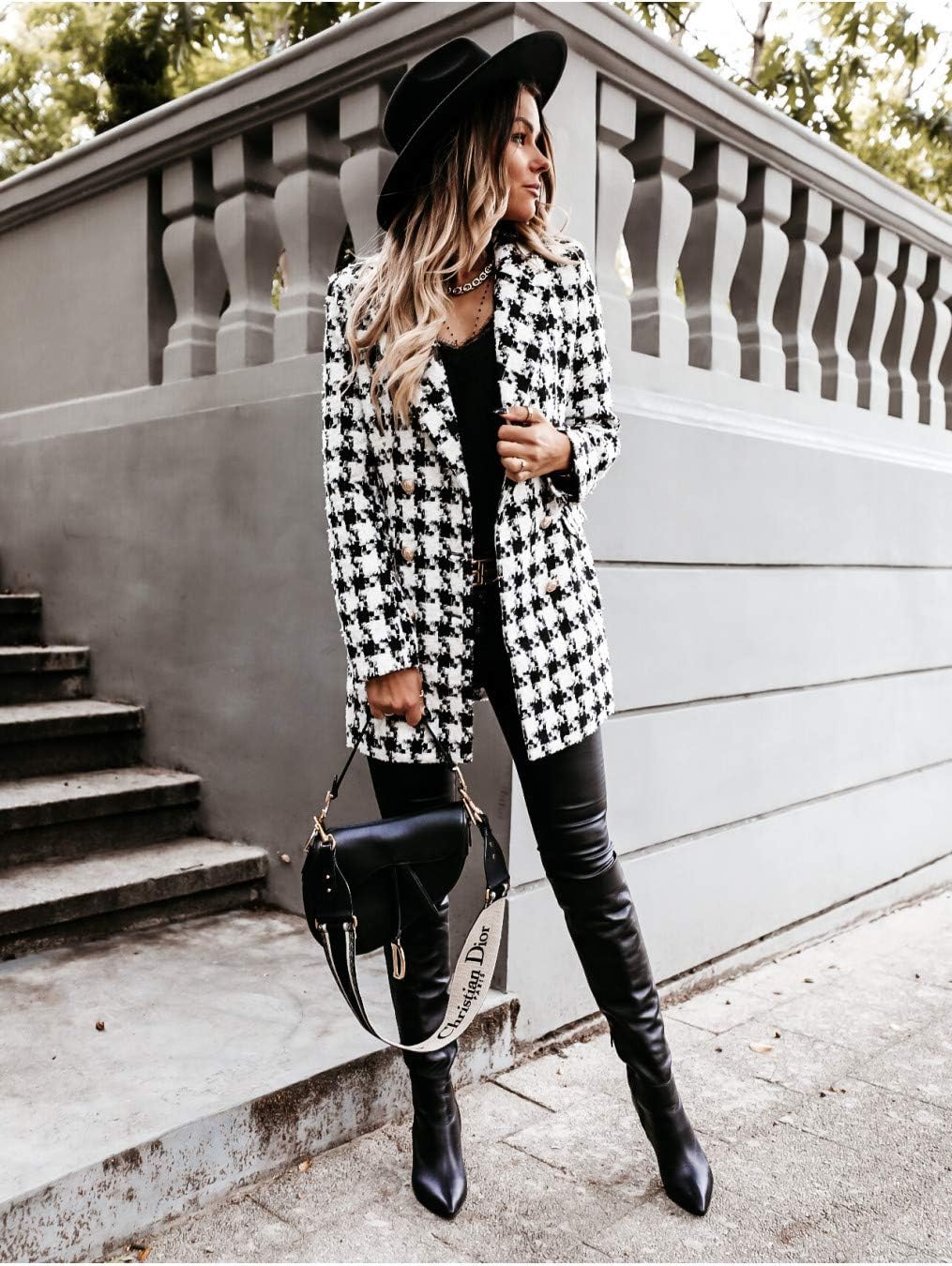 utcoco Womens 2025 Fashion Tweed Blazers Business Casual Double Breasted Open Front Plaid Blazer Jackets