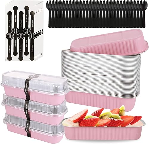 ABuff Paquete de 100 mini moldes para pan con tapas, papel de aluminio de 6.8 onzas desechables para hornear con tapas y cucharas, moldes