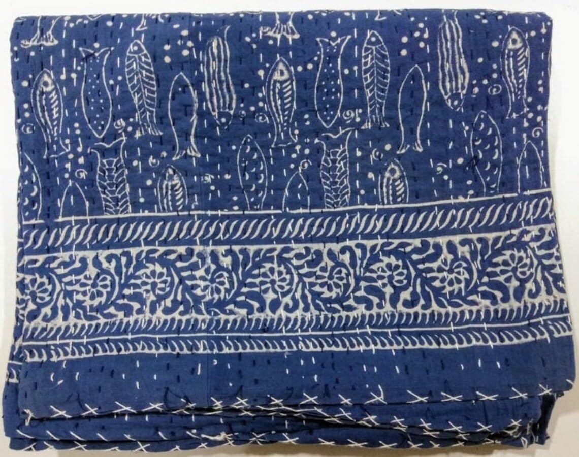 Fish Print Vintage Quilt,Indian Hand Block Print Quilt,Reversible Cotton Bedding Bedspread Twin Size Vintage Kantha Quilts Handmade Kantha Gudari (Color-2)