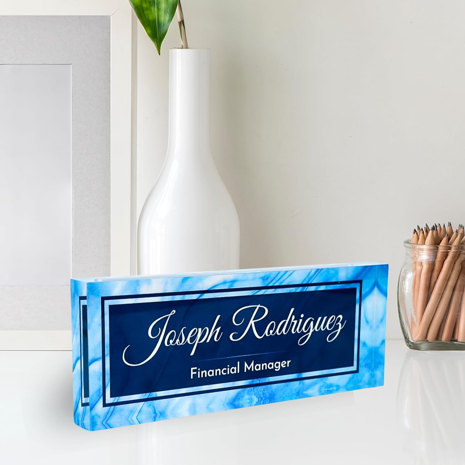 Customized Clear Acrylic Thick 8x3" Desk Name Plate Block with Personalized Logo - Professional Office Decor - Customized Acrylic Plate Gift for Teacher Co-workers (Blue Wave)