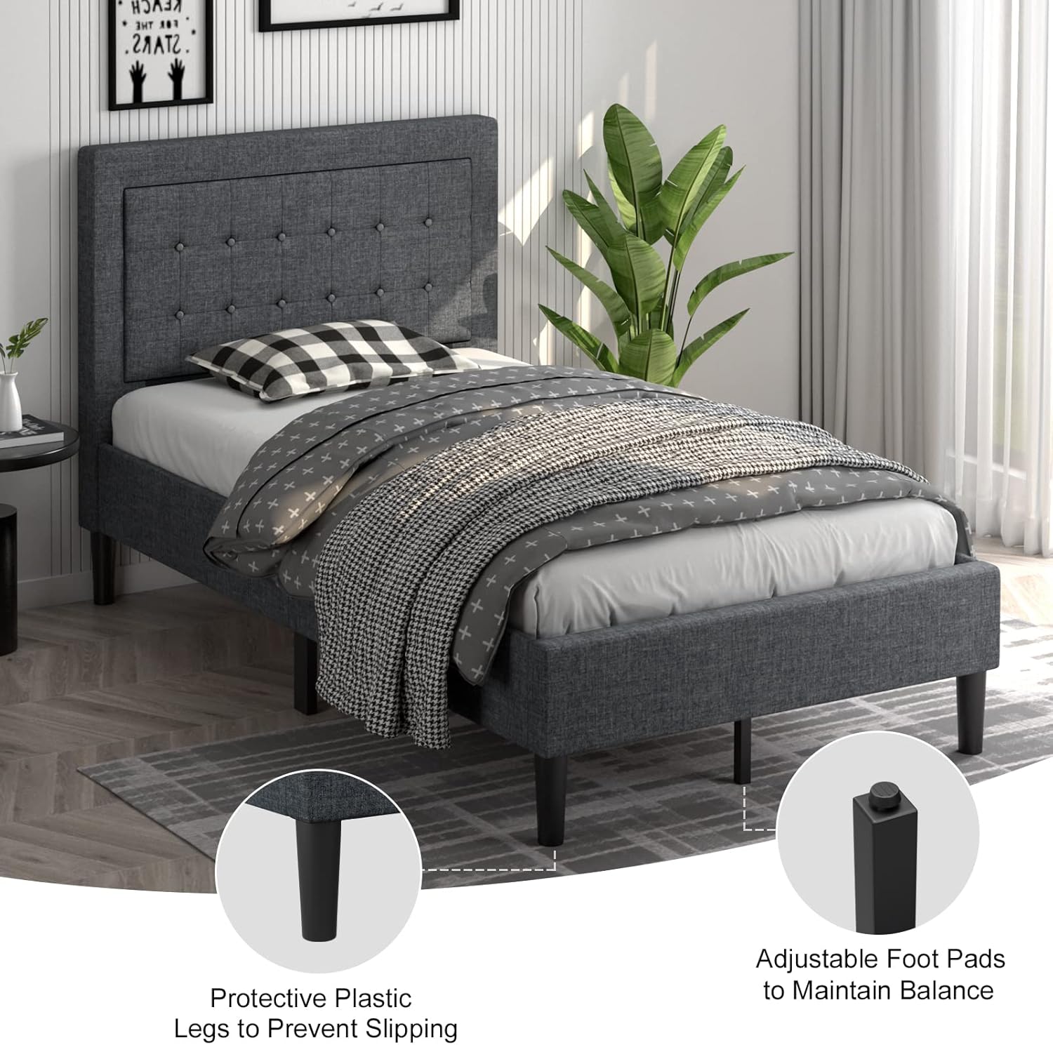 KOTEK Upholstered Bed Frame Twin Size, Modern Platform Bed with Button-Tufted Headboard, Strong Wooden Slats, No Box Spring Needed, Mattress Foundation, Grey