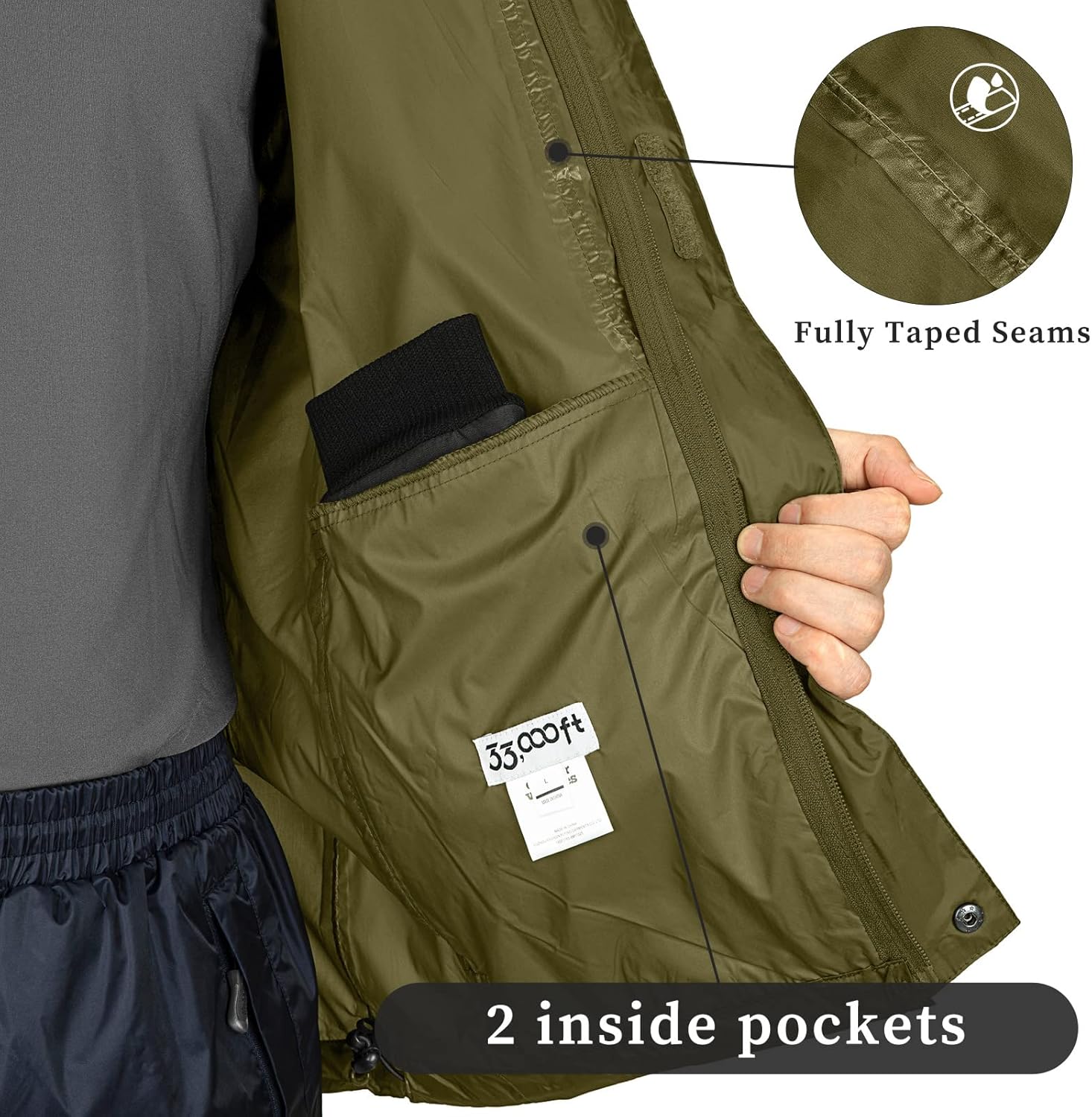 33,000ft Packable Rain Jacket Men's Lightweight Waterproof Rain Shell Jacket Raincoat with Hood for Golf Cycling Windbreaker - Image 4