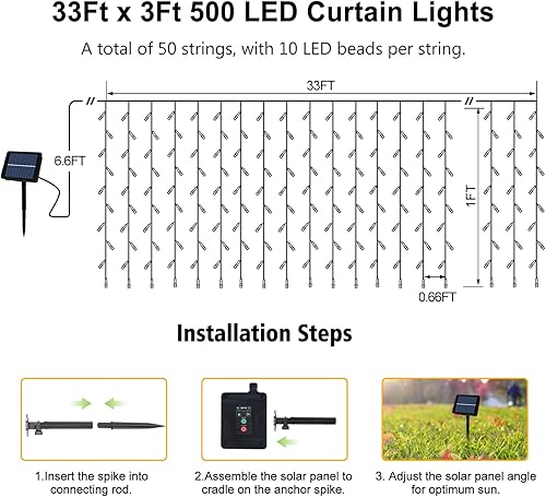 Miniatura 7 de Cortina de luces solares de 33 x 3 pies, 500 luces LED para exteriores, impermeables, con temporizador remoto, para jardín, patio, valla, boda,