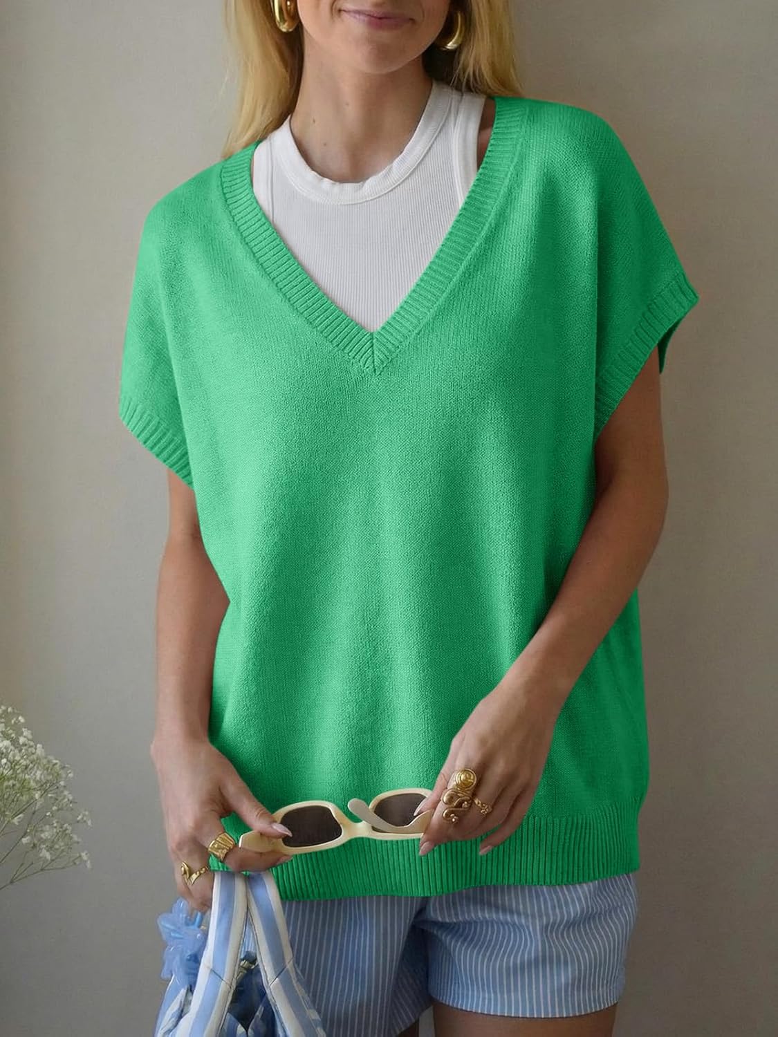 Saodimallsu Womens Oversized Sweaters Batwing Short Sleeve Lightweight V Neck Casual Summer Knit Pullover Tops - Image 4