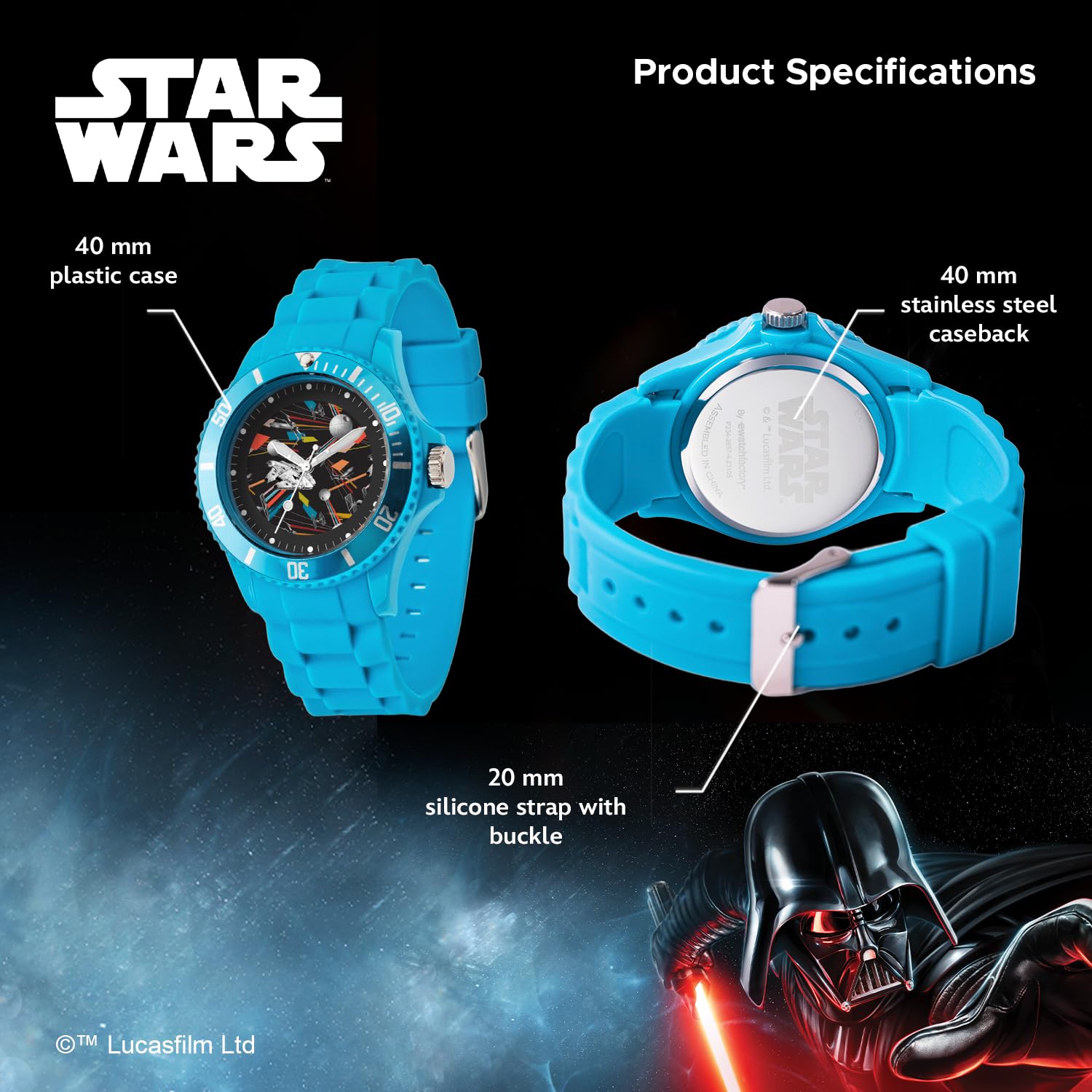 STAR WARS Orologio adulto, orologio analogico di plastica della cinghia di gomma del quarzo di sport, Blu, Plastica sportiva
