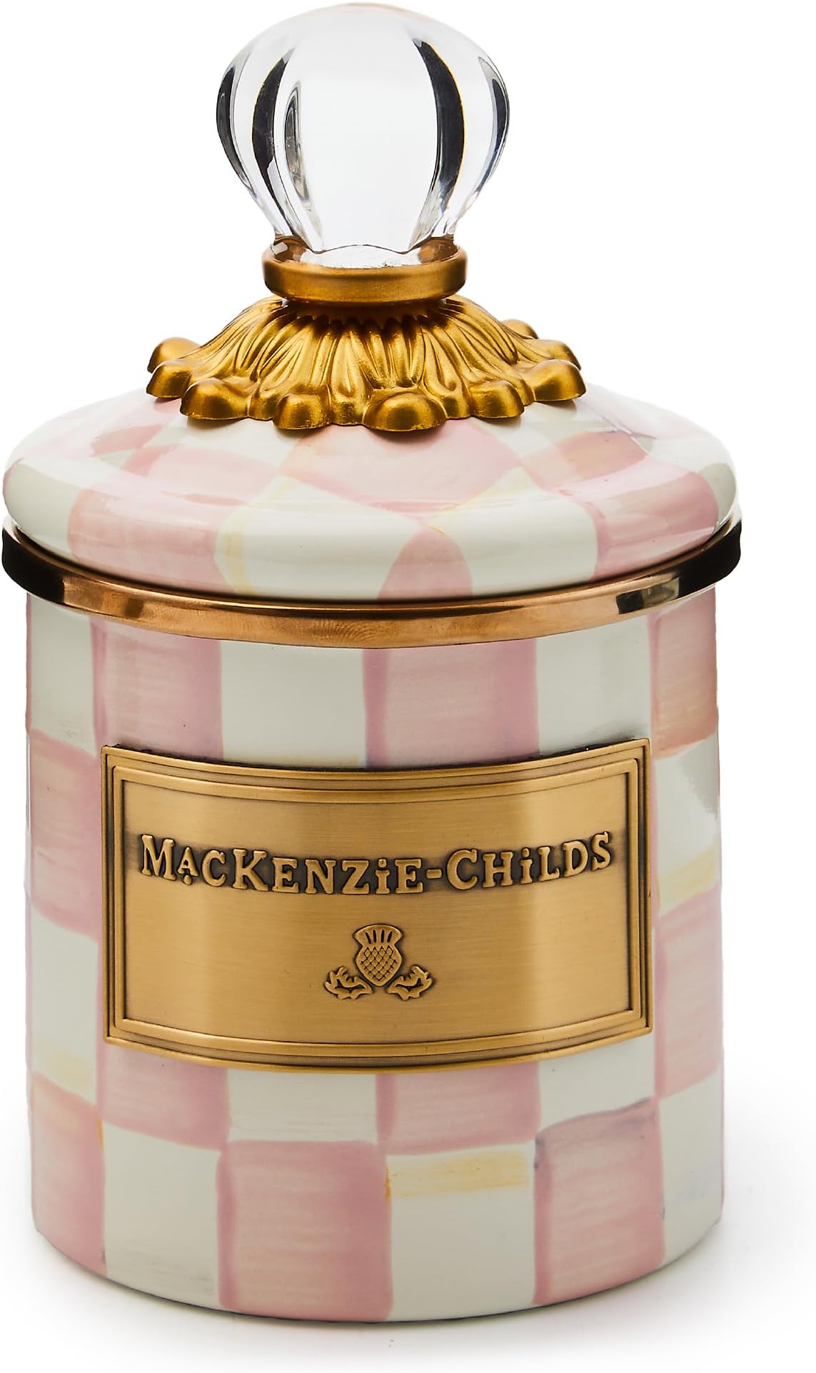 MACKENZIE-CHILDS Rosy Check Enamel Canister, Pink-and-White Kitchen Storage Container with Lid, Mini