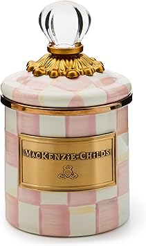 MACKENZIE-CHILDS Rosy Check Enamel Canister, Pink-and-White Kitchen Storage Container with Lid, Mini